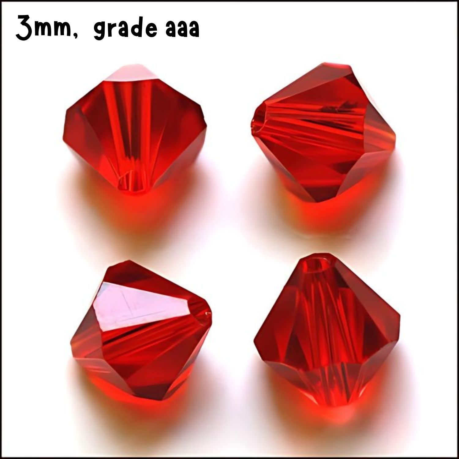 3mm Bicones, Red, Approx 100pcs, Hole 0.7mm, Grade AAA, Glass Beads, 3gms/0.11oz