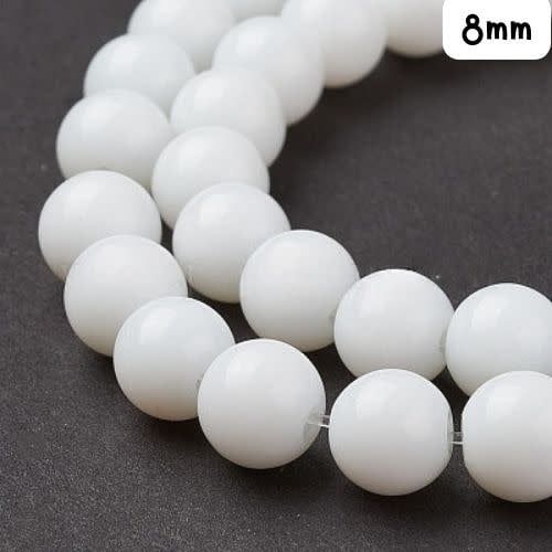 8mm Glass Beads, Approx 40pcs, 12&quot; Strand, Opaque White, Hole 1mm, Glass Beads, 30gms/1.06oz