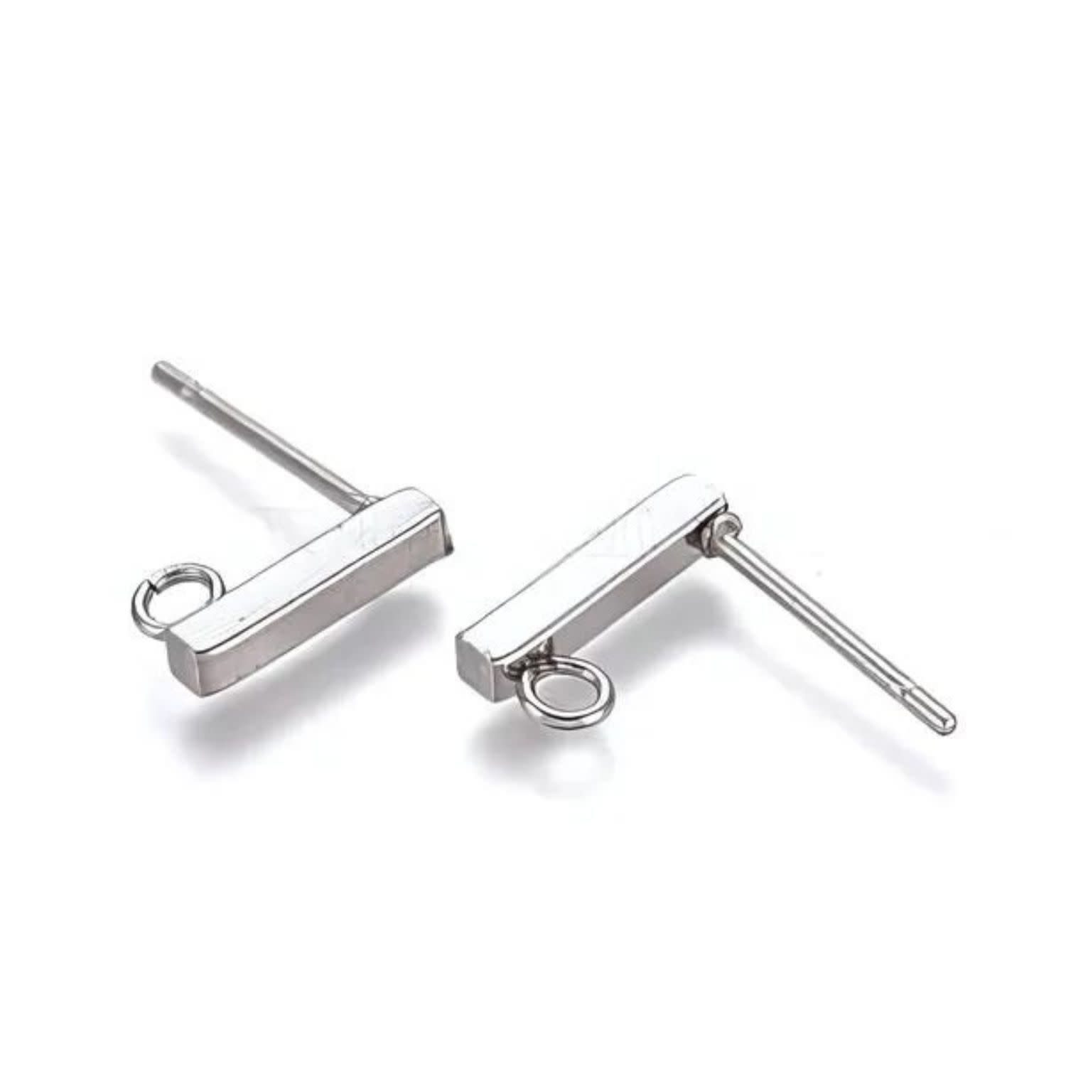 Stainless Steel Stud Earring Posts, 10pcs, 2x10x2mm, Loop 1.5mm, 49gms/1.76oz