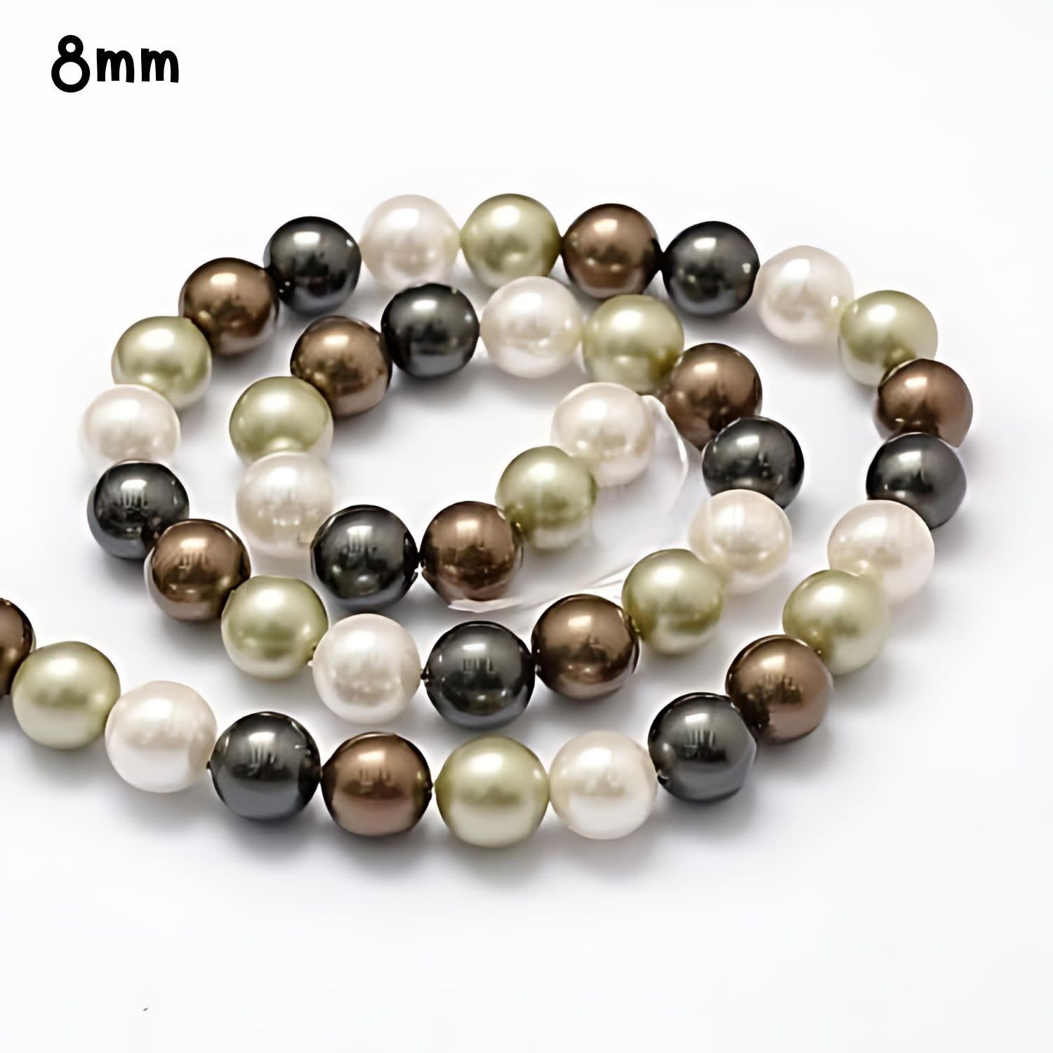 8mm Shell Pearls Round, Approx 50Pcs, 16&quot; Strand, Green Brown Grey White, Grade A, Hole 1mm, 43gms/1.52oz