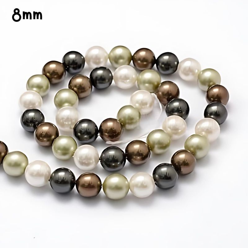 8mm Shell Pearls Round, Approx 50Pcs, 16&quot; Strand, Green Brown Grey White, Grade A, Hole 1mm, 43gms/1.52oz