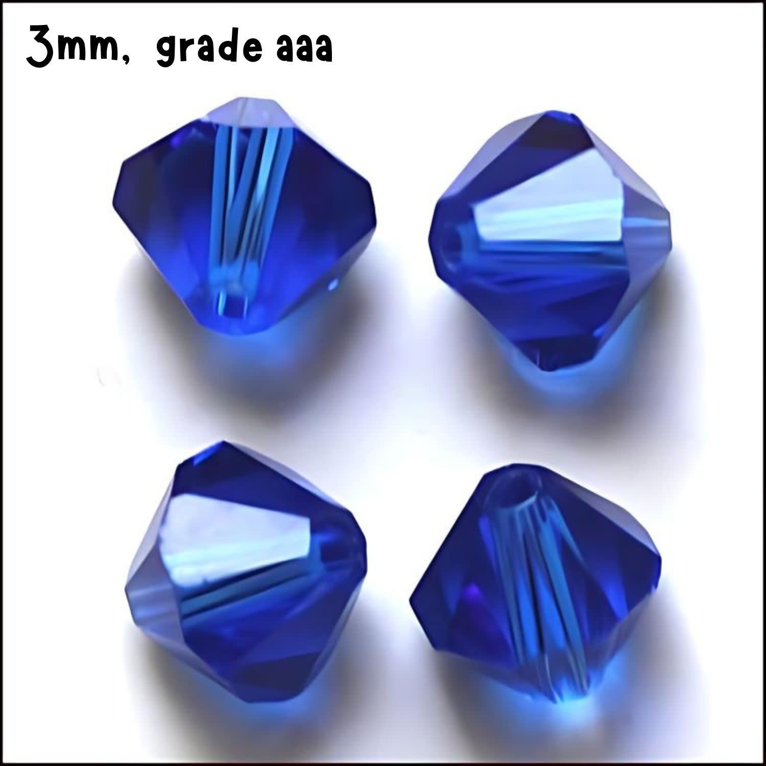 3mm Bicones, Blue, Approx 100pcs, Hole 0.7mm, Grade AAA, Glass Beads, 3gms/0.11oz