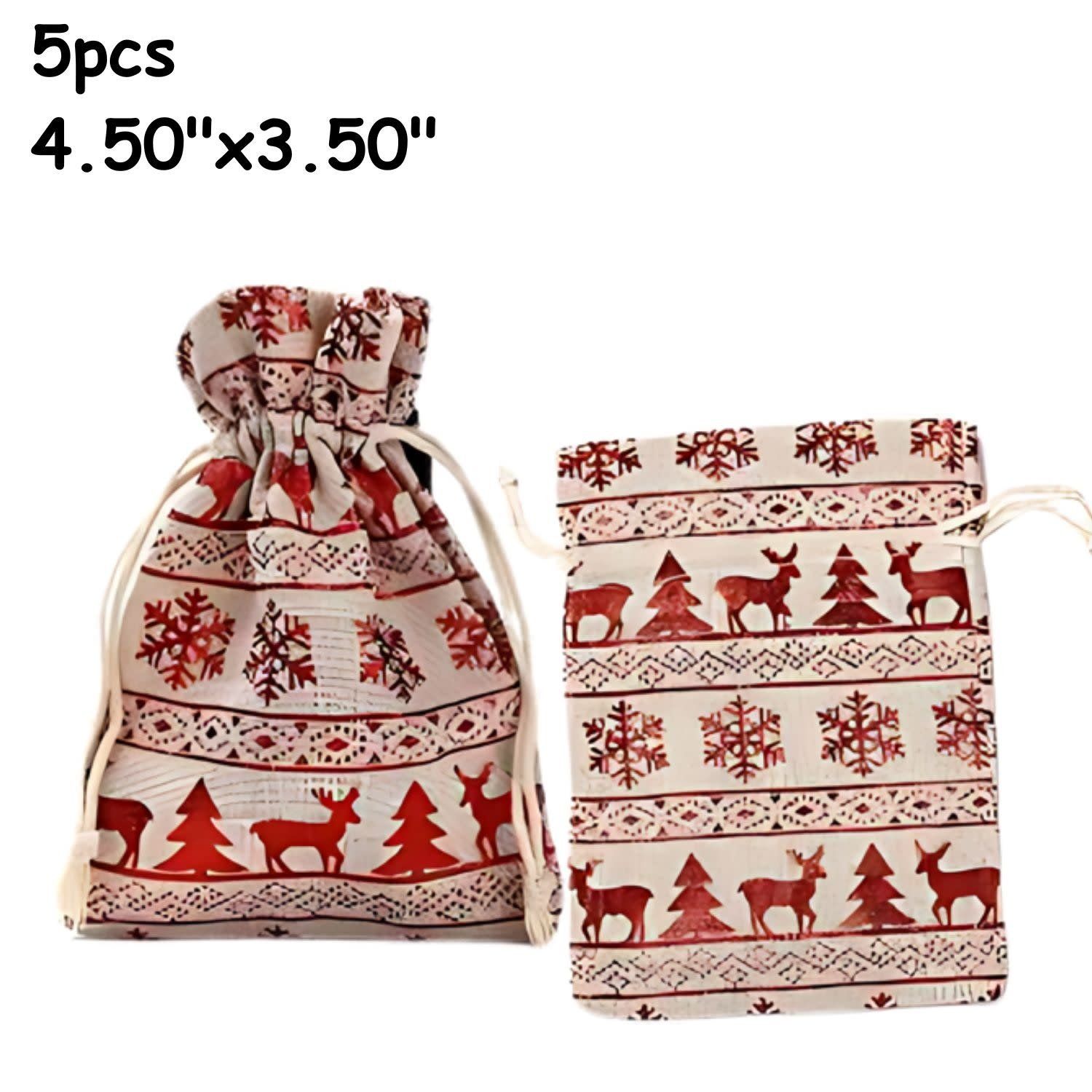 5.5&#39;&#39;x4&#39;&#39; Drawstring Pouches/Bags, 5pcs, Christmas W/Red Snowflake &amp; Raindeer, Cotton, 67gms/2.36oz