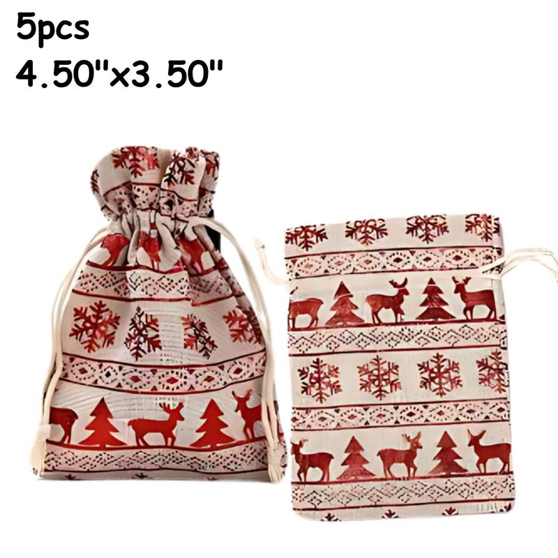 5.5&#39;&#39;x4&#39;&#39; Drawstring Pouches/Bags, 5pcs, Christmas W/Red Snowflake &amp; Raindeer, Cotton, 67gms/2.36oz