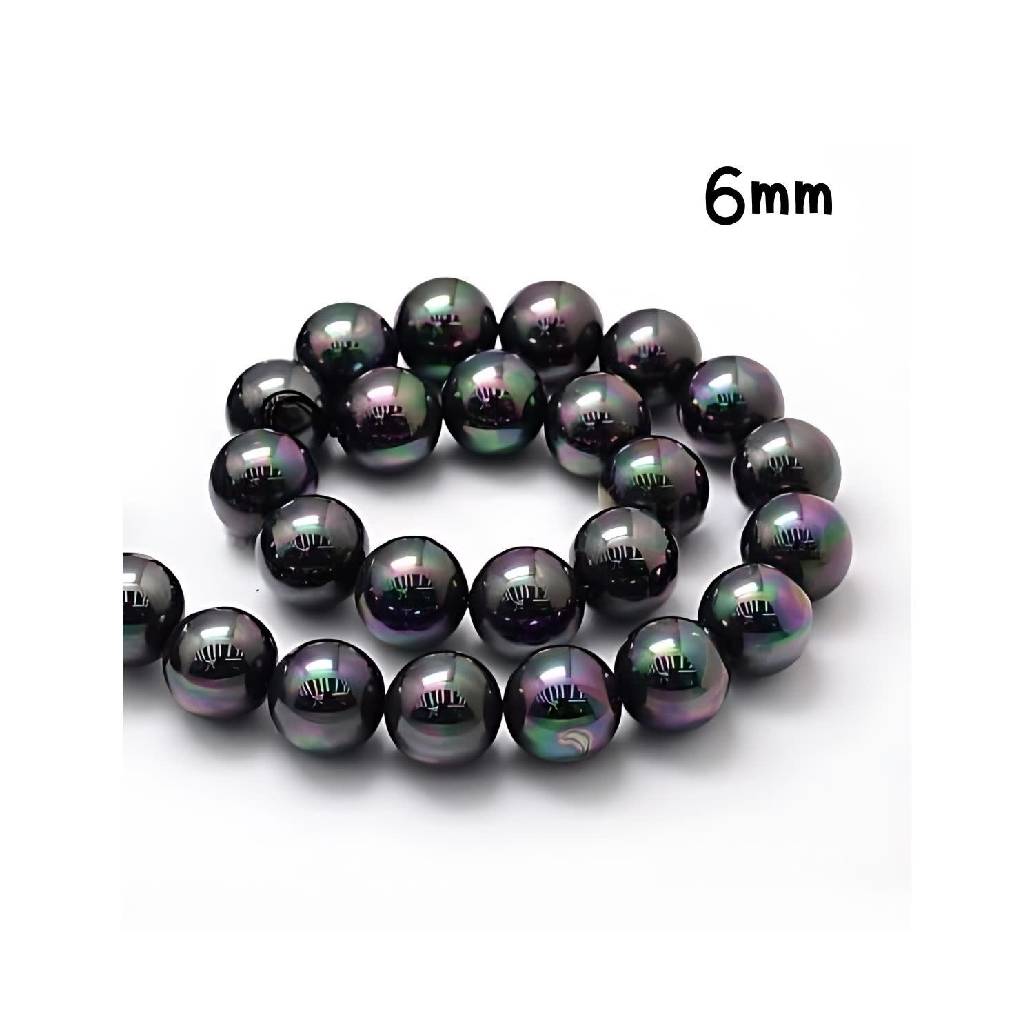 6mm Shell Pearls Round, Approx 66Pcs, 16&quot; Strand, Rainbow Plated Black, Hole 1mm, 27gms/0.95oz