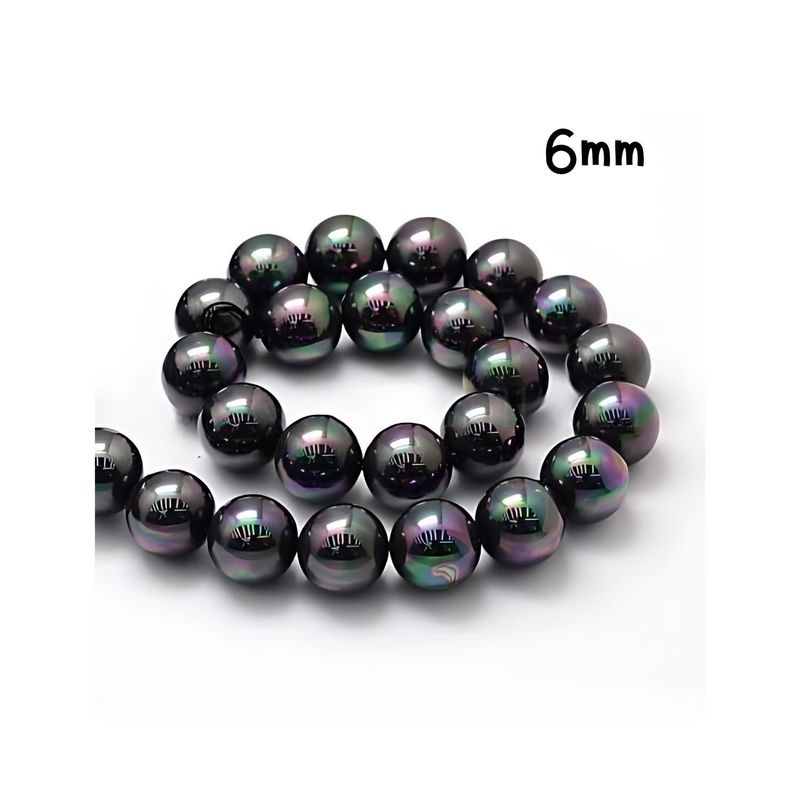 6mm Shell Pearls Round, Approx 66Pcs, 16&quot; Strand, Rainbow Plated Black, Hole 1mm, 27gms/0.95oz