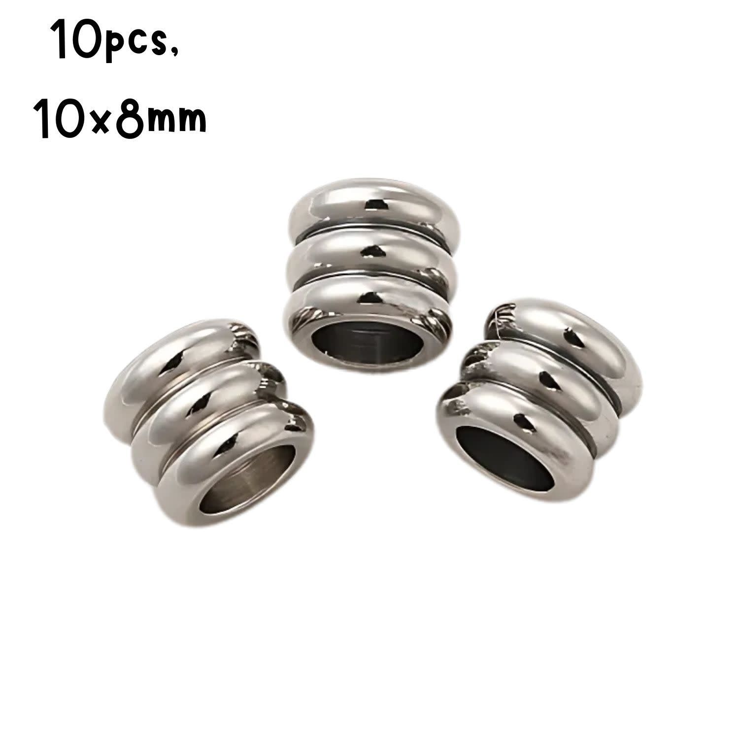 Stainless Steel Beads 2 Rib Cylinder Beads, 10pcs, 10x8mm, Hole 6mm, 23gms/0.81oz