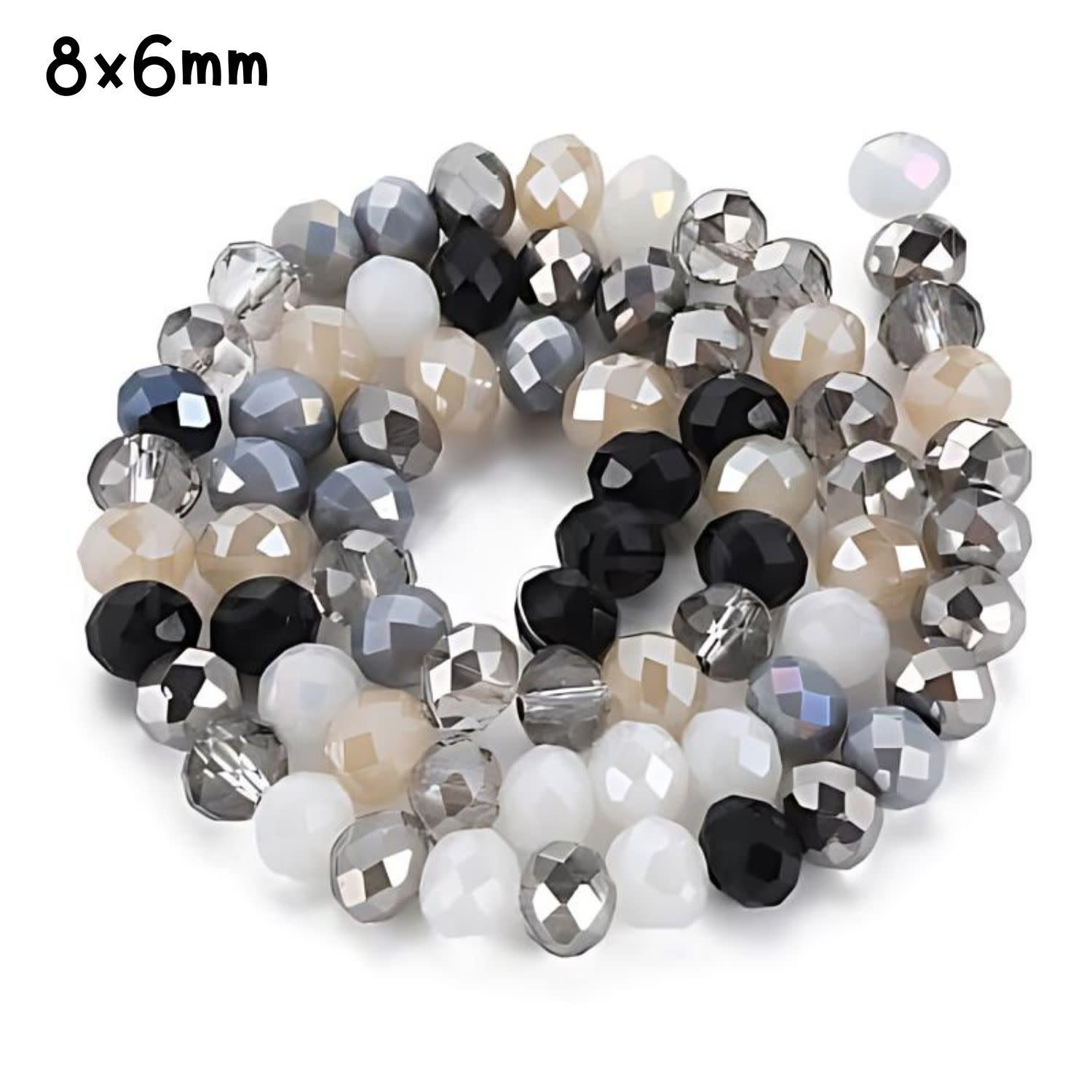 8x6mm Faceted Rondelles, Approx 65pcs, 16&quot; Strand, Mixed Black/White/Beige Tones Plated AB, Hole 1mm, Glass Beads, 29gms/1.02oz