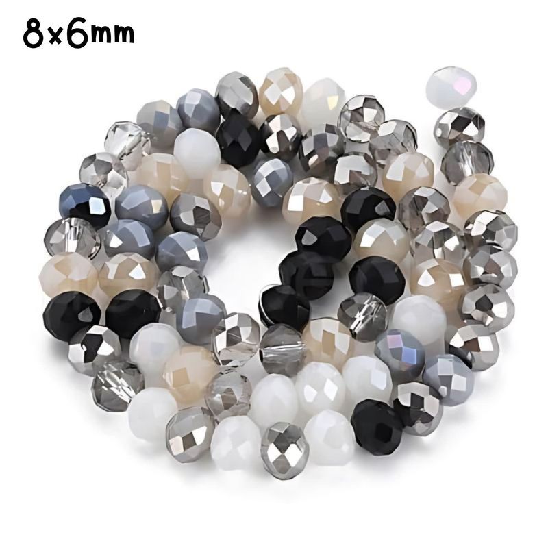 8x6mm Faceted Rondelles, Approx 65pcs, 16&quot; Strand, Mixed Black/White/Beige Tones Plated AB, Hole 1mm, Glass Beads, 29gms/1.02oz