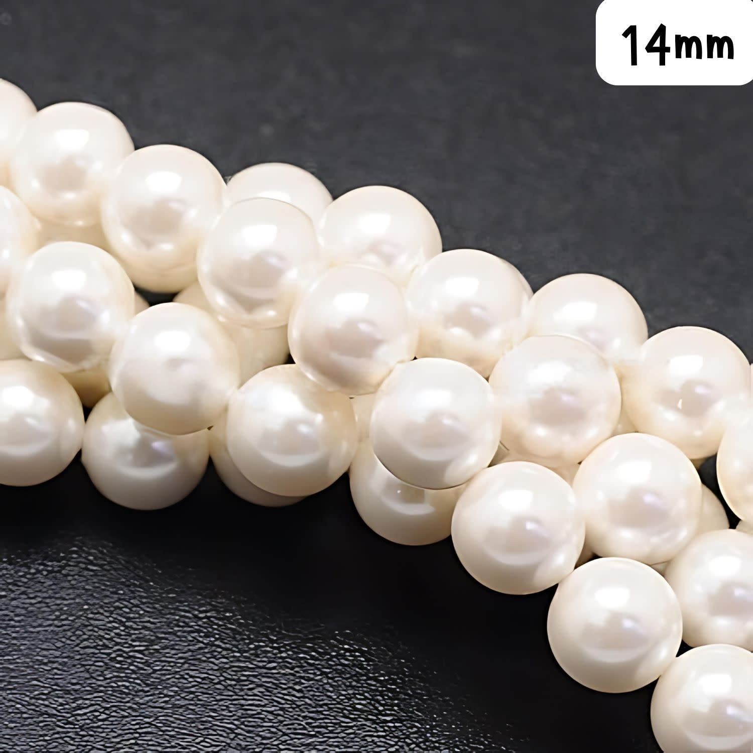 14mm Shell Pearls Round, Approx 28Pcs, 16&quot; Strand, White, Hole 1mm, 121gms/4.27oz