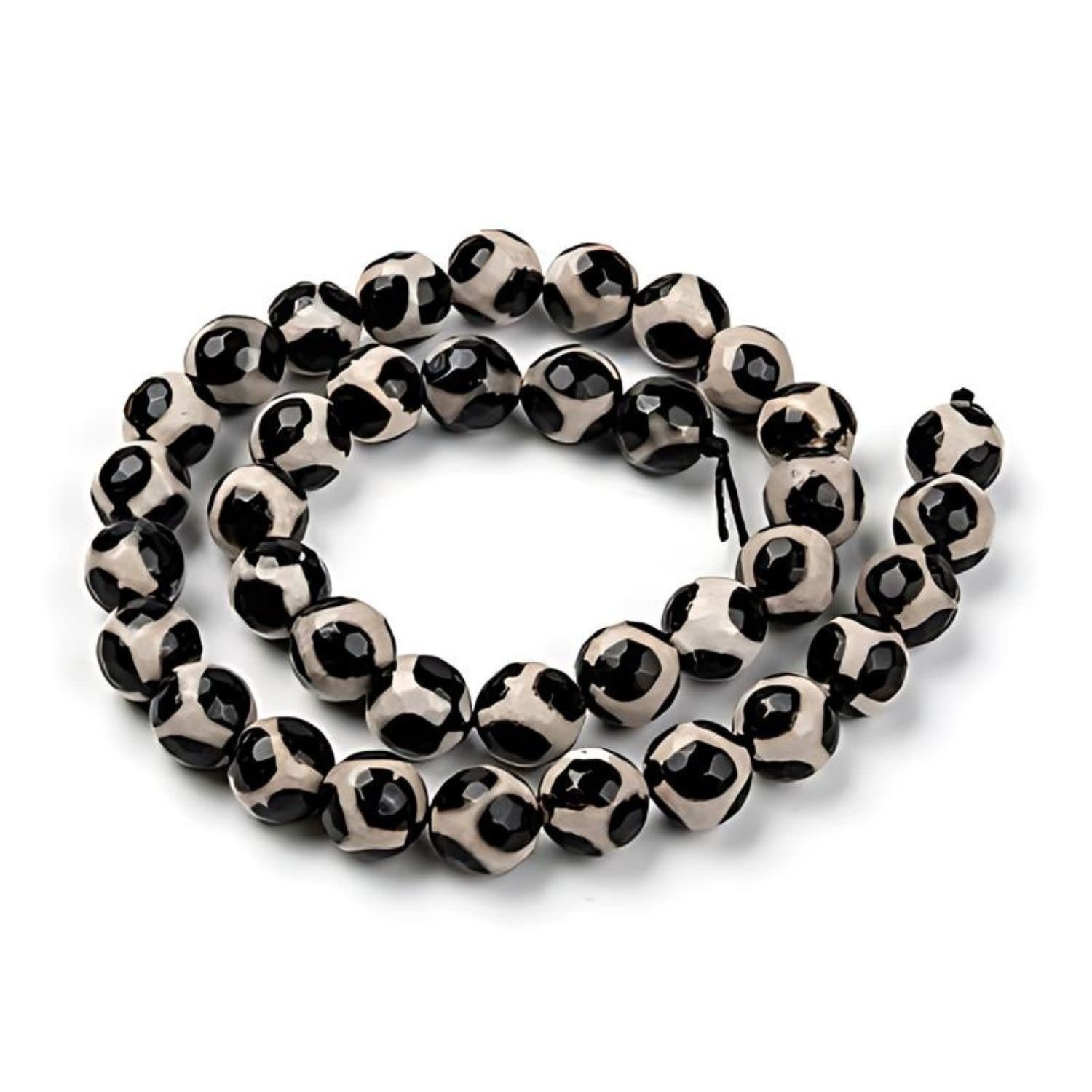 10mm Faceted Tibetan Agate, Black &amp; Cream, 15&#39;&#39; Strand, 38 Beads, Round, Dyed/Heated, 1mm Hole, Gemstones, 2.15oz