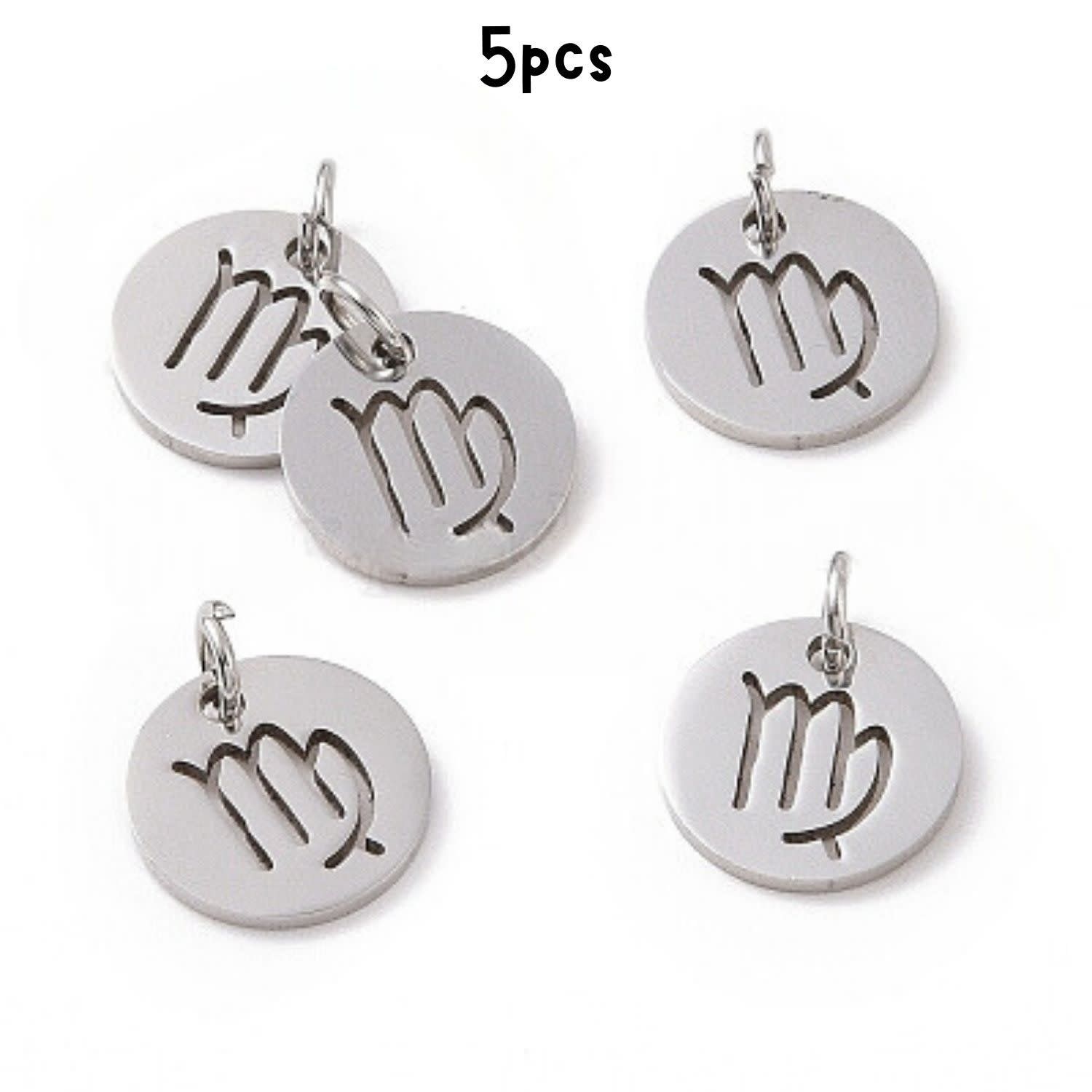 Virgo Stainless Steel, 5pcs, 12x1mm, 5x0.8mm Jumprings, 2mm Hole, Zodiac Charms/Pendants, 5gms/0.18oz