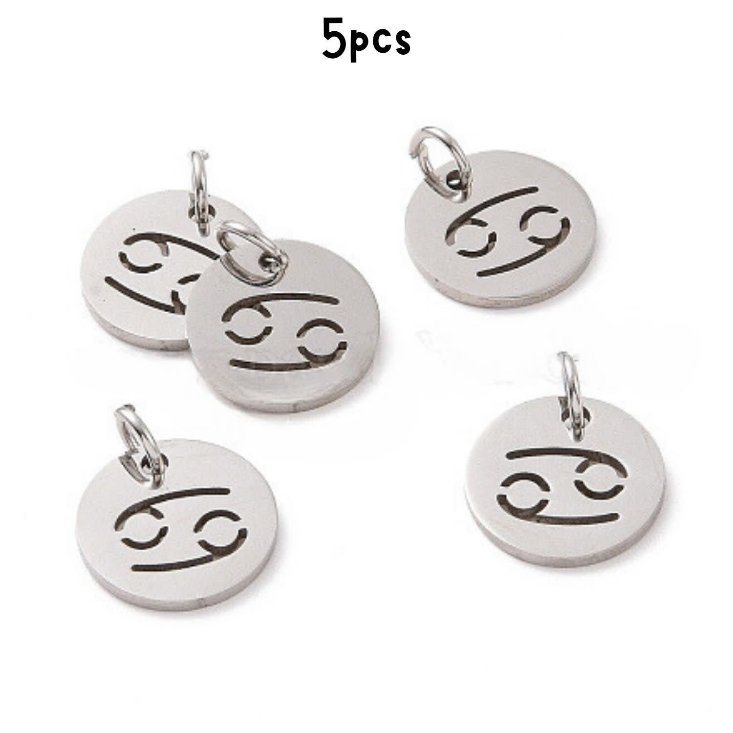 Cancer Stainless Steel, 5pcs, 12x1mm, 5x0.8mm Jumprings, 2mm Hole, Zodiac Charms/Pendants, 5gms/0.18oz