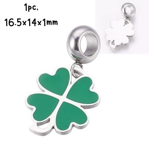 Stainless Steel Clover Leaf, Green Enamel, 1pc, 16.5x14x1mm, Hole 5mm, Charms/Pendants, fits pandora, 7gms/0.25oz