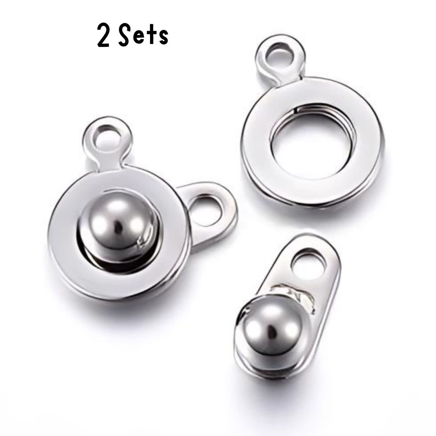 Stainless Steel Ball &amp; Socket Snap Clasps, 2 Sets, 15.5x9x5mm, 8mm Socket, Hole 1.5mm, 4gms/0.14oz