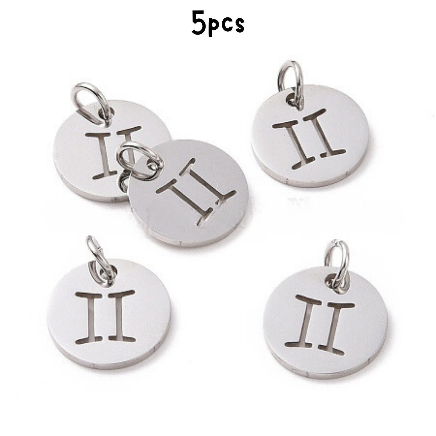 Gemini Stainless Steel, 5pcs, 12x1mm, 5x0.8mm Jumprings, 2mm Hole, Zodiac Charms/Pendants, 5gms/0.18oz