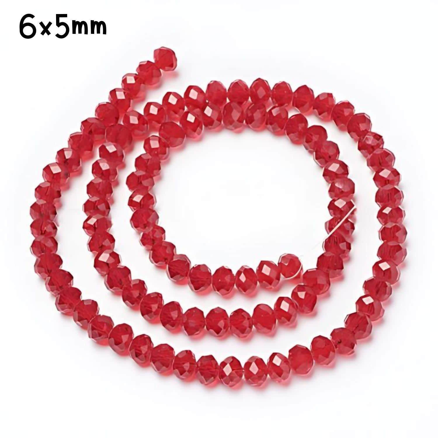 6x5mm Faceted Rondelles, Approx 90pcs, 16&quot; Strand, Transparent Dark Red, Hole 1mm, Glass Beads, 18gms/0.64oz