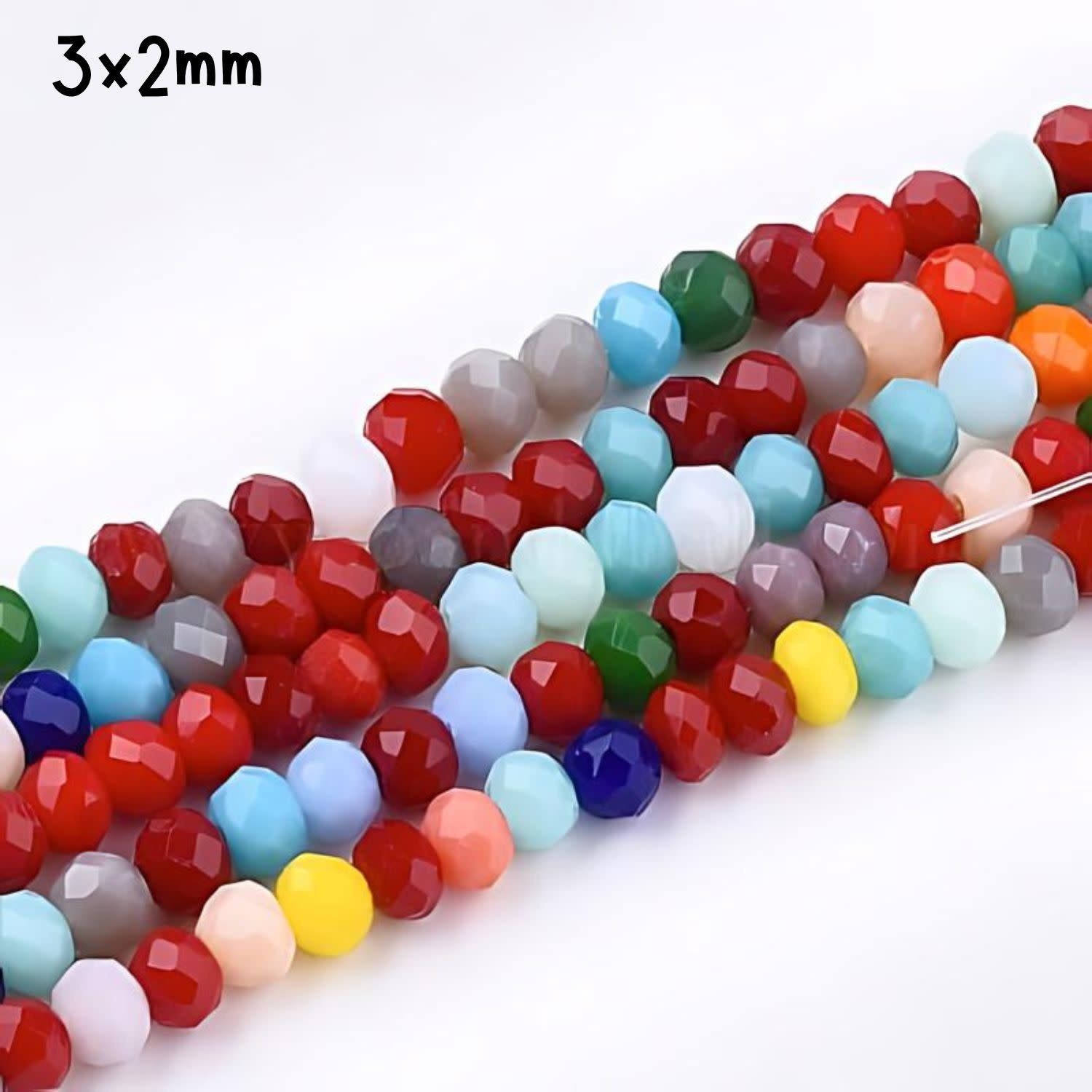 3x2mm Faceted Rondelles, Approx 190pcs, 16&quot; Strand, Opaque Mixed Colors, Hole 1mm, Glass Beads, 14gms/0.49oz