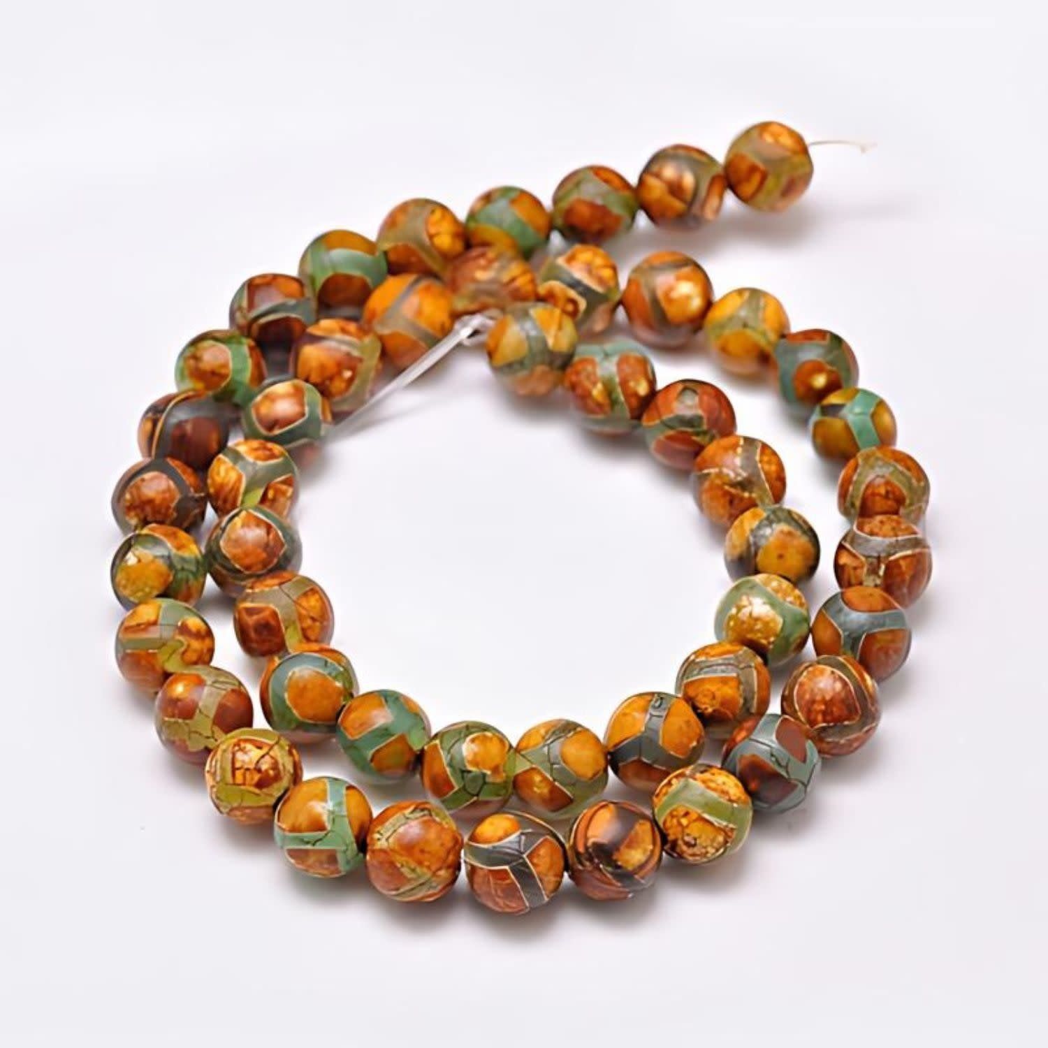 10mm Tibetan Agate, Orange &amp; Green, 15&#39;&#39; Strand, 38 Beads, Round, Dyed/Heated, 1mm Hole, Gemstones, 1.86oz