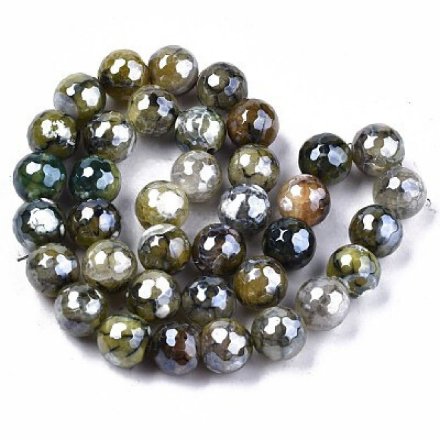 9~10mm Agate, Pearl Luster Plated, Green, 3 Strands, 111 Beads, Faceted Round, 1mm Hole, Gemstones, 5.40oz