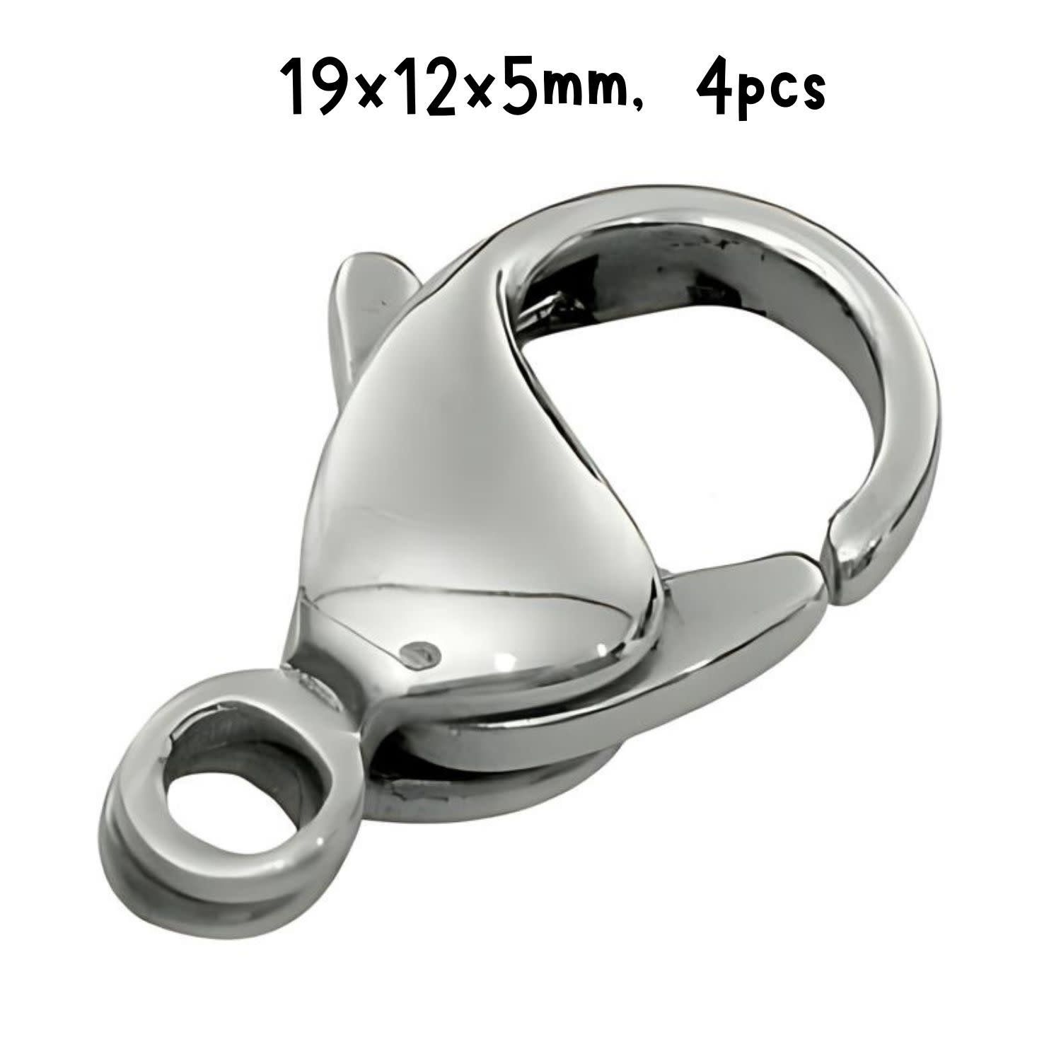 Stainless Steel Lobster Claw Clasps, 4pcs, 19x12x5mm, Hole 3mm, 8gms/0.28oz