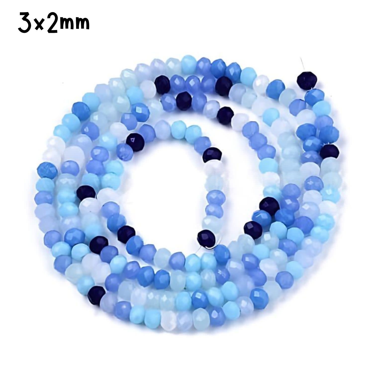 3x2mm Faceted Rondelles, Approx 185pcs, 15&quot; Strand, Mixed Blue Tones, Hole 0.8mm, Glass Beads, 14gms/0.49oz