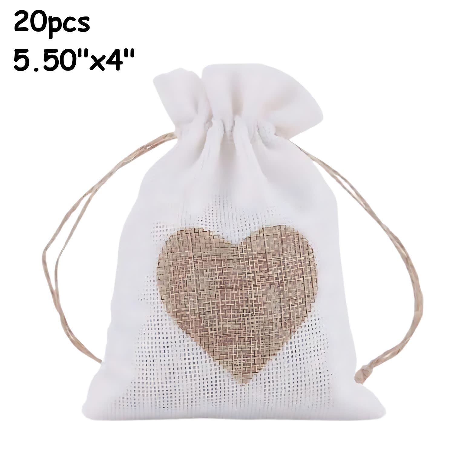 5.5&#39;&#39;x4&#39;&#39; Drawstring Pouches/Bags, 20pcs, Snow White W/Khaki Heart, Polyester, 200gms/7.06oz