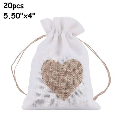 5.5''x4'' Drawstring Pouches/Bags, 20pcs, Snow White W/Khaki Heart, Polyester, 200gms/7.06oz