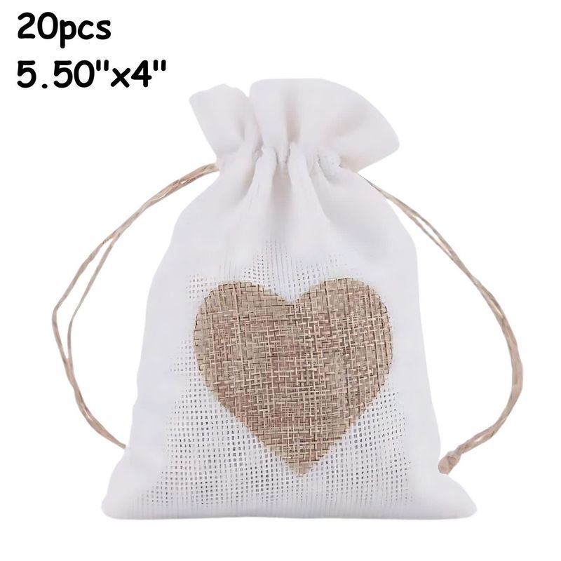 5.5&#39;&#39;x4&#39;&#39; Drawstring Pouches/Bags, 20pcs, Snow White W/Khaki Heart, Polyester, 200gms/7.06oz