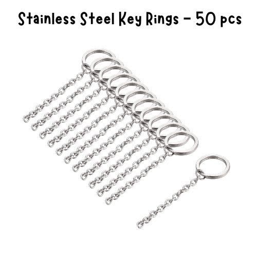Stainless Steel Key Rings, Split Rings, 50pcs, w/2.9&quot; chain, 20x2.4mm ring, 193gms/6.81oz