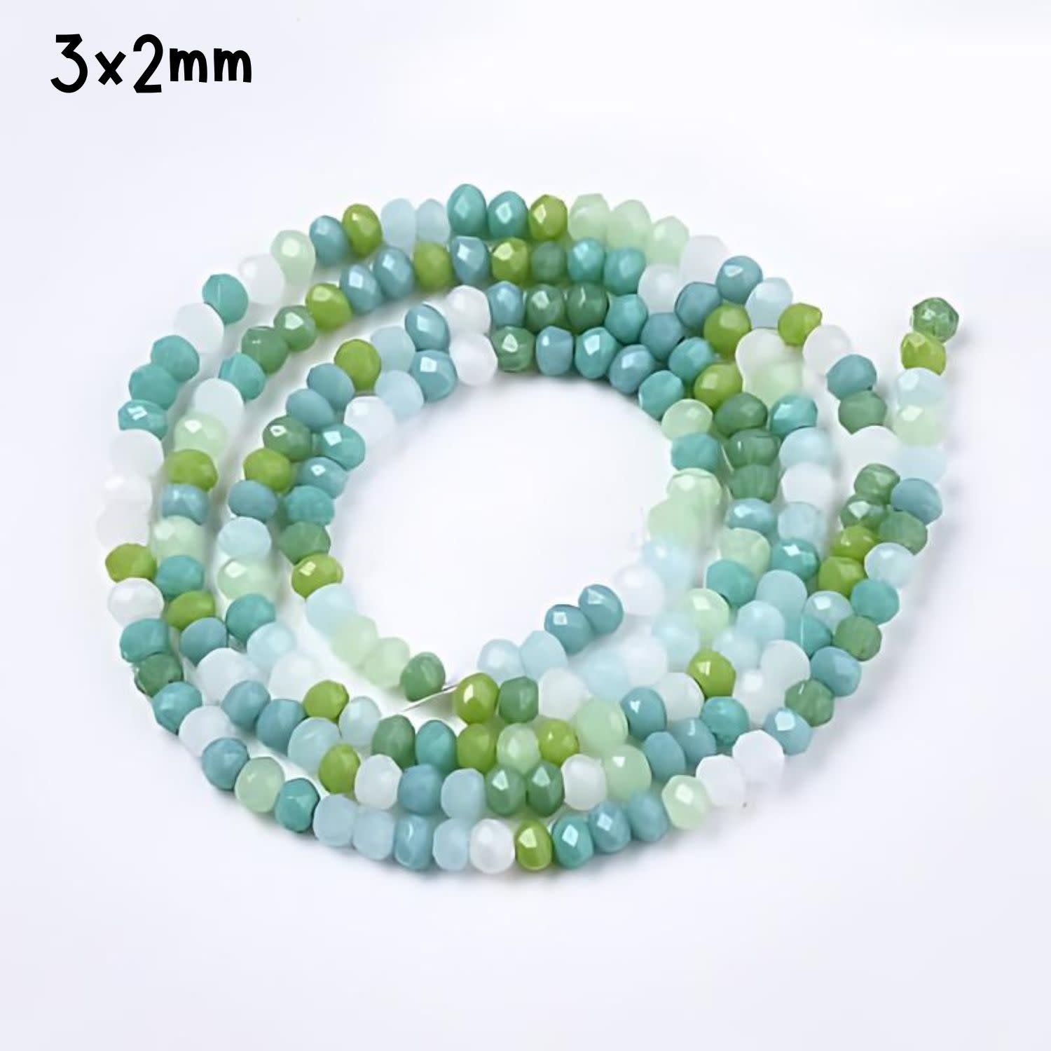 3x2mm Faceted Rondelles, Approx 185pcs, 15&quot; Strand, Mixed Green Tones, Hole 0.8mm, Glass Beads, 14gms/0.49oz