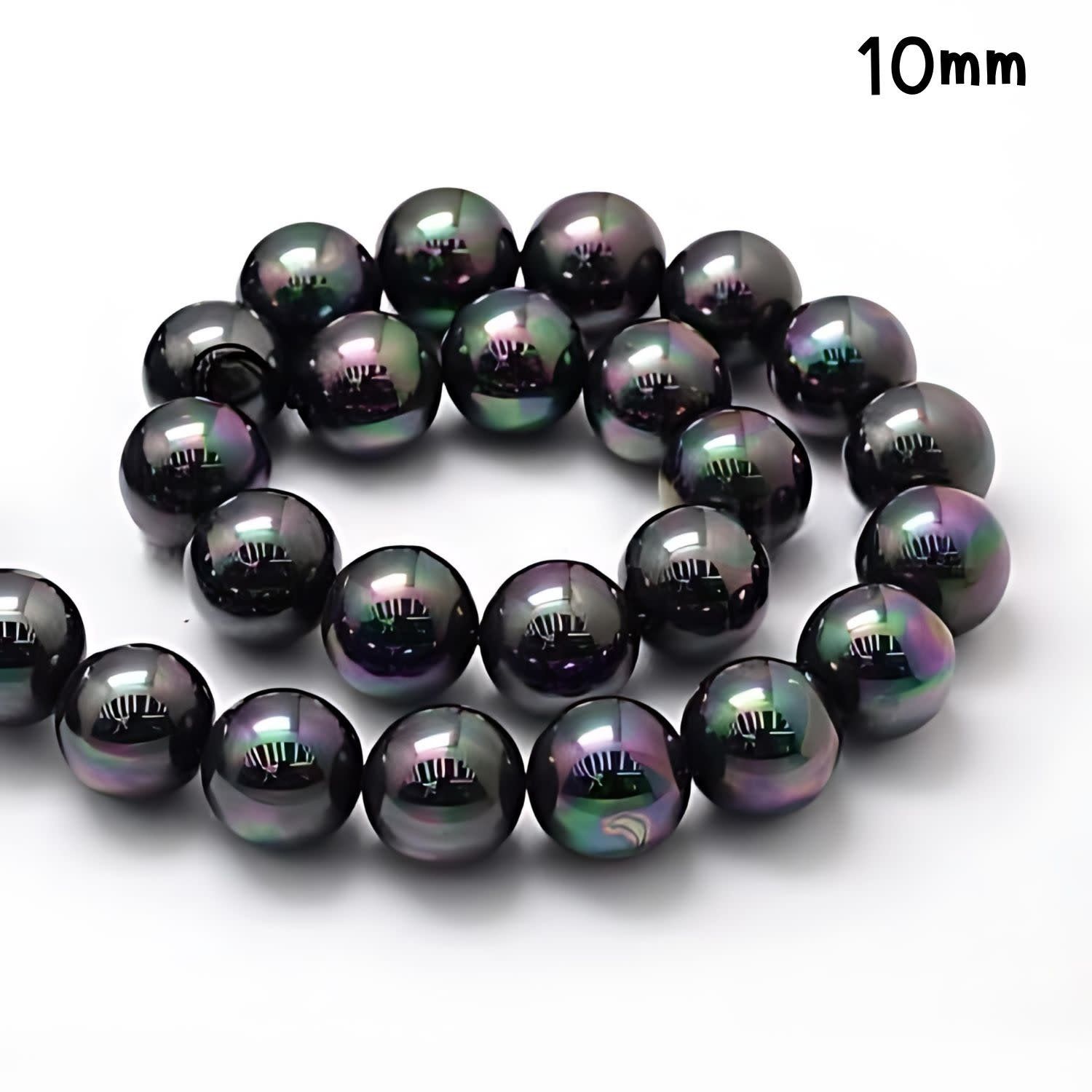 10mm Shell Pearls Round, Approx 40Pcs, 16&quot; Strand, Rainbow Plated Black, Hole 1mm, 64gms/2.26oz