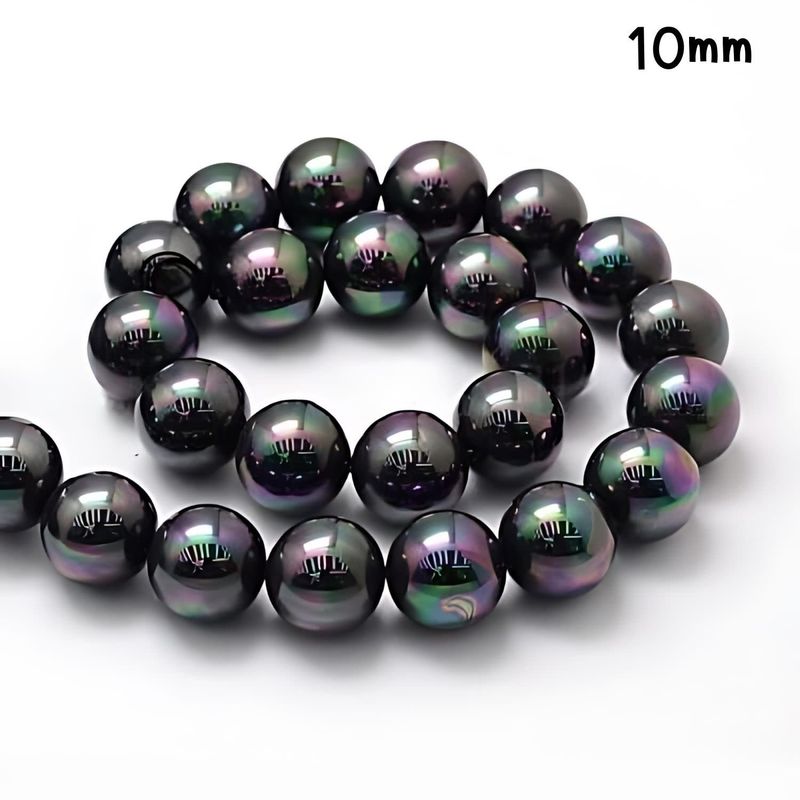 10mm Shell Pearls Round, Approx 40Pcs, 16&quot; Strand, Rainbow Plated Black, Hole 1mm, 64gms/2.26oz
