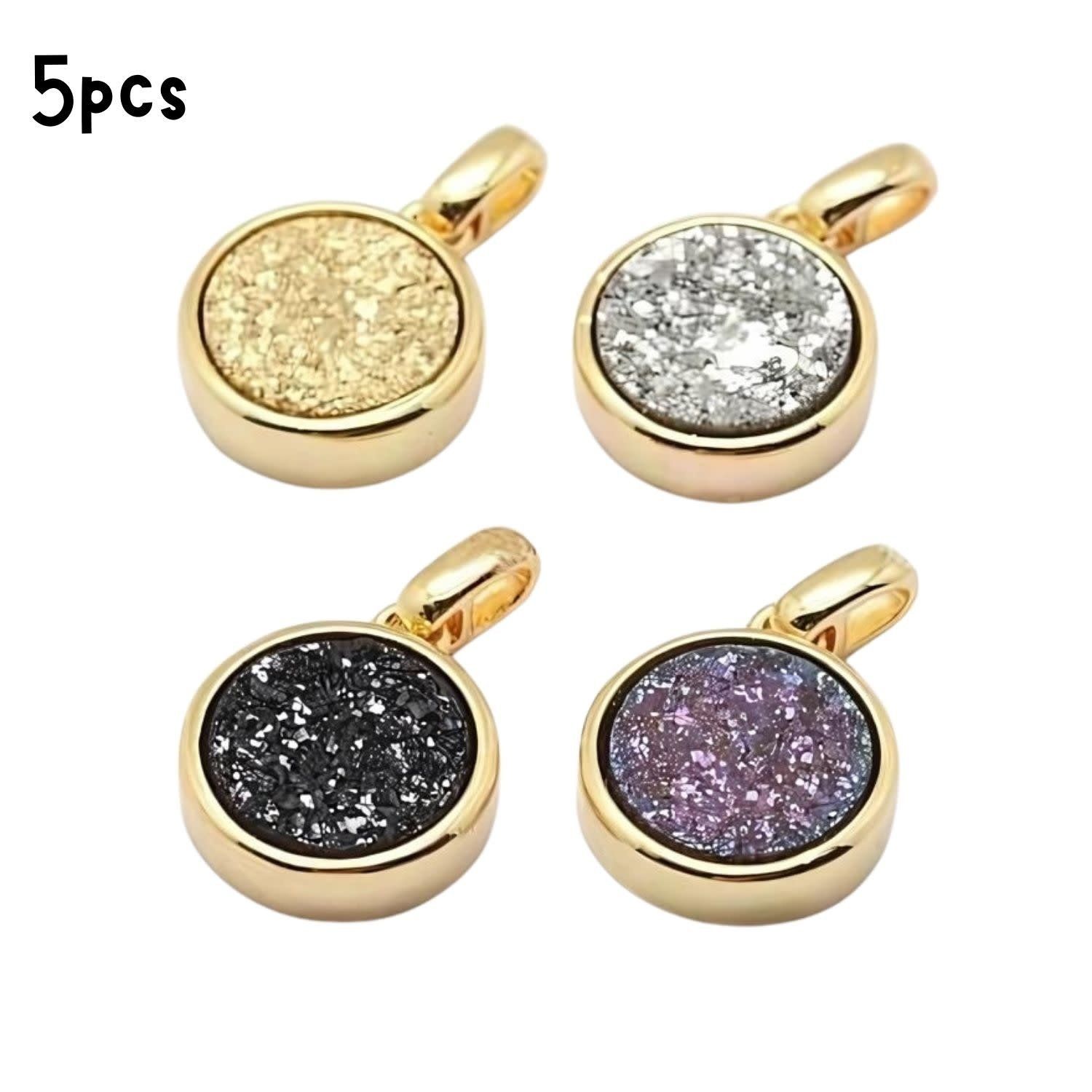 Druzy Agate Pendants, 5pcs, 14x12x4mm, Natural, Electroplated Golden Brass, Hole 2x3mm, Charms/Pendants, 14gms/0.49oz