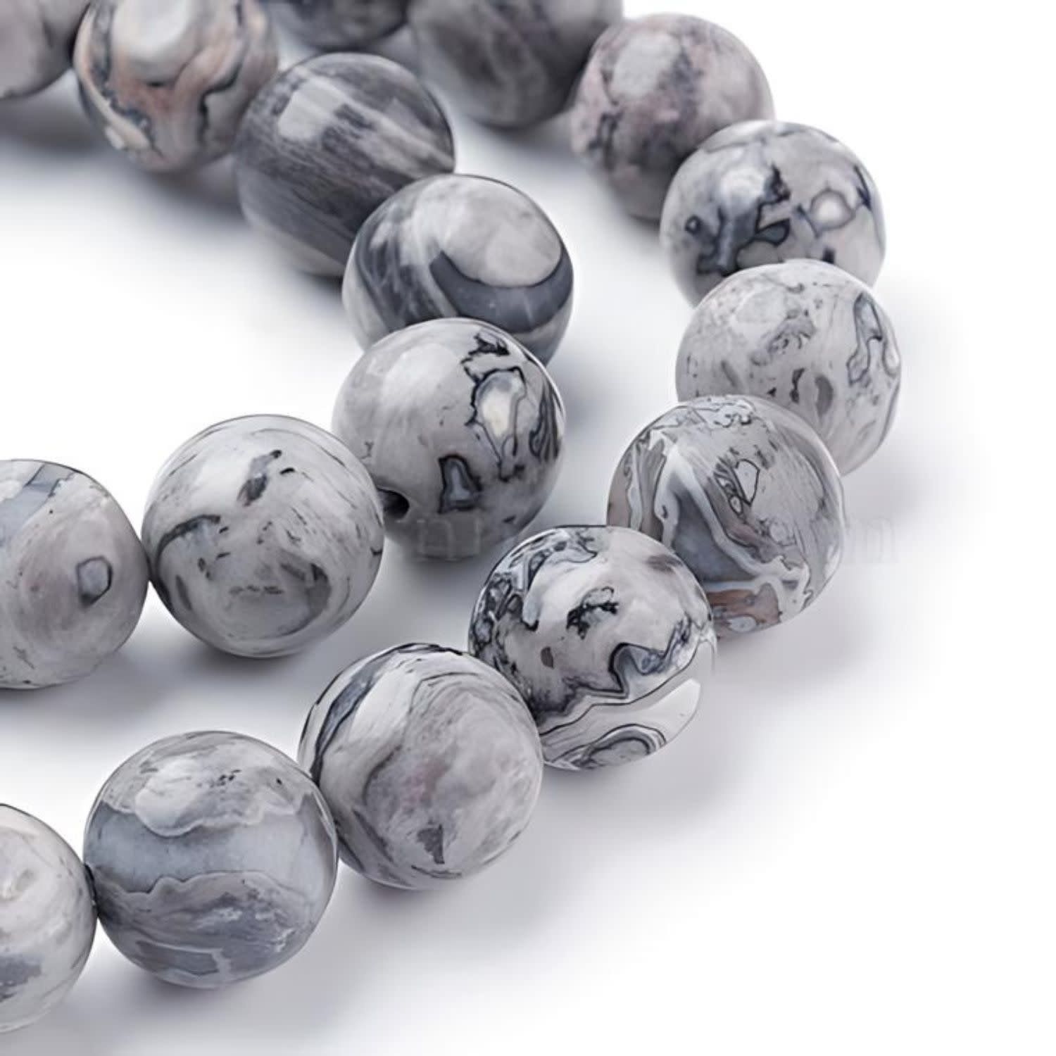 8mm Picasso Jasper, 15&#39;&#39; Strand, 48 Beads, Round, Natural, 1mm Hole, Grey Tones, Gemstones, 1.37oz