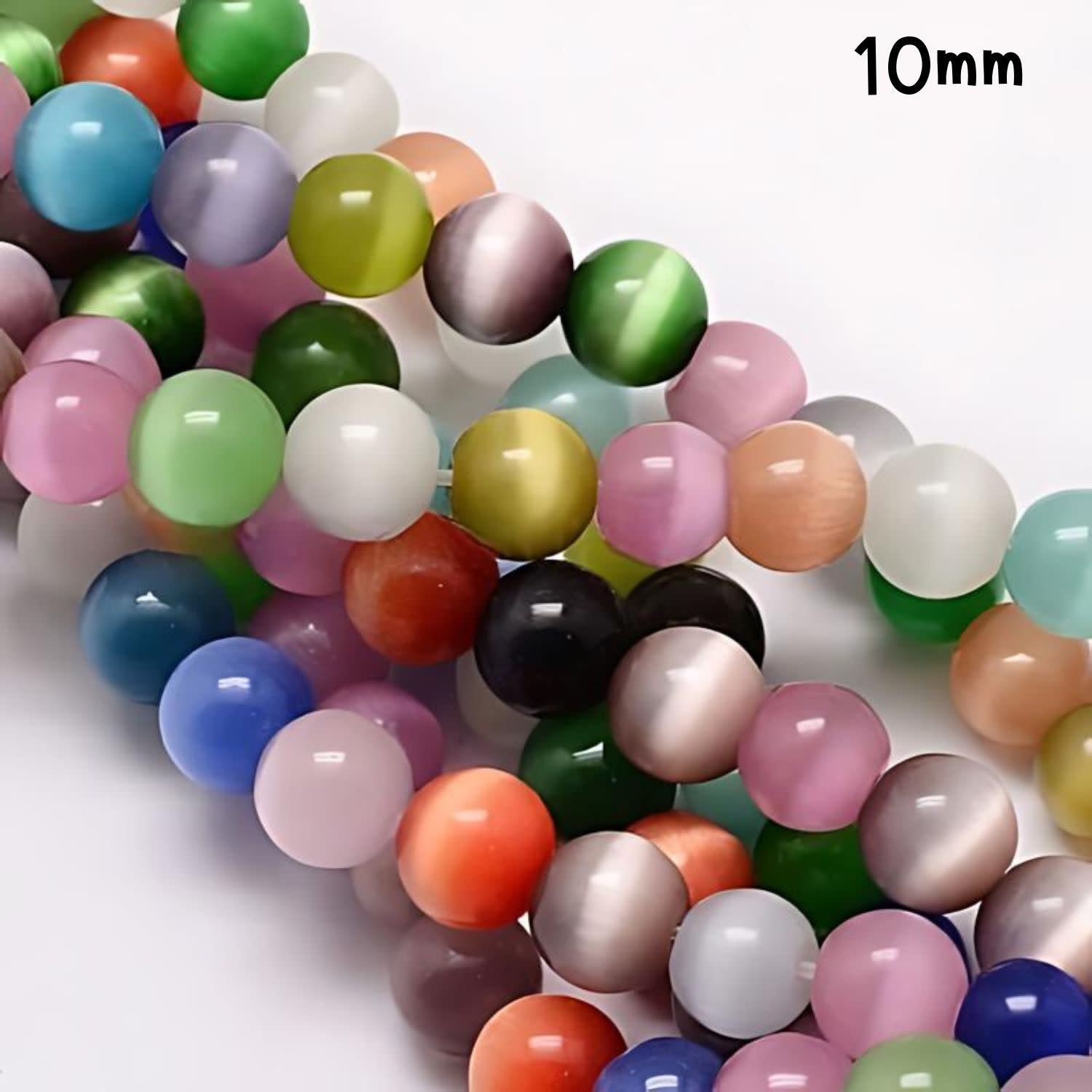 10mm Round Cat Eye, Approx 40pcs, 15&quot; Strand, Mixed Colors, Hole 1.5mm, Glass Beads, 56gms/1.98oz