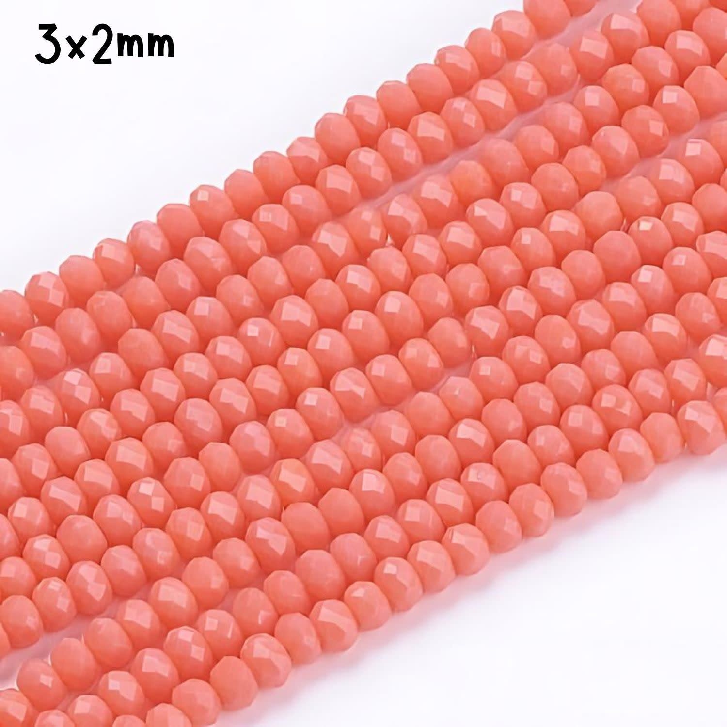 3x2mm Faceted Rondelles, Approx 185pcs, 15&quot; Strand, Opaque Salmon Pink, Hole 0.8mm, Glass Beads, 11gms/0.39oz