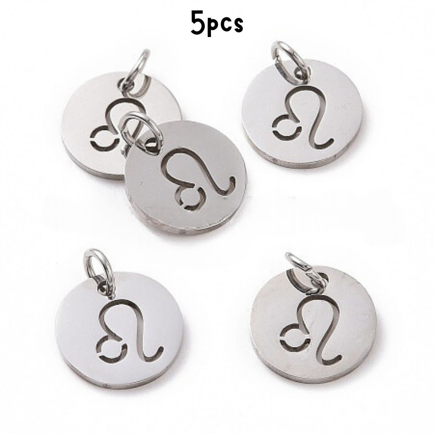 Leo Stainless Steel, 5pcs, 12x1mm, 5x0.8mm Jumprings, 2mm Hole, Zodiac Charms/Pendants, 5gms/0.18oz
