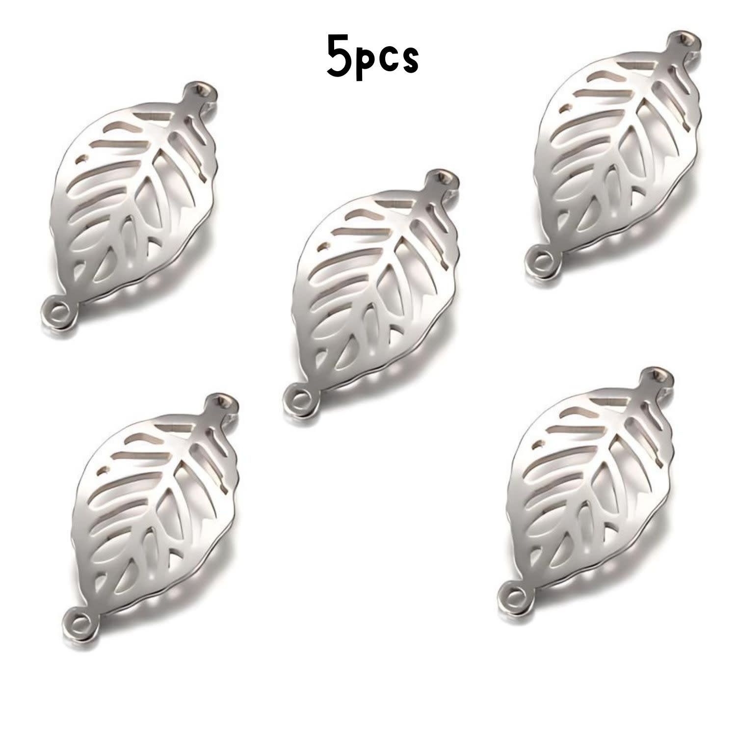 Stainless Steel Leaf, 5Pcs, 29x14x1mm, w/1.5mm Hole, Connectors/Links, 6gms/0.21oz
