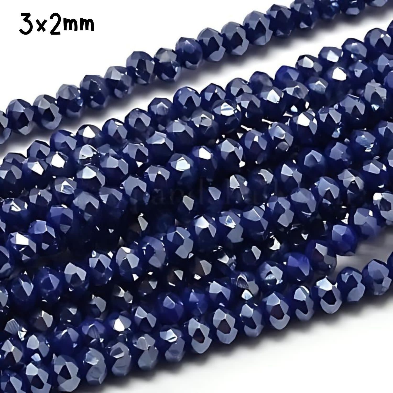 3x2mm Faceted Rondelles, Approx 148pcs, 14&quot; Strand, Midnight Blue Full Plated, Hole 0.5mm, Glass Beads, 8gms/0.28oz