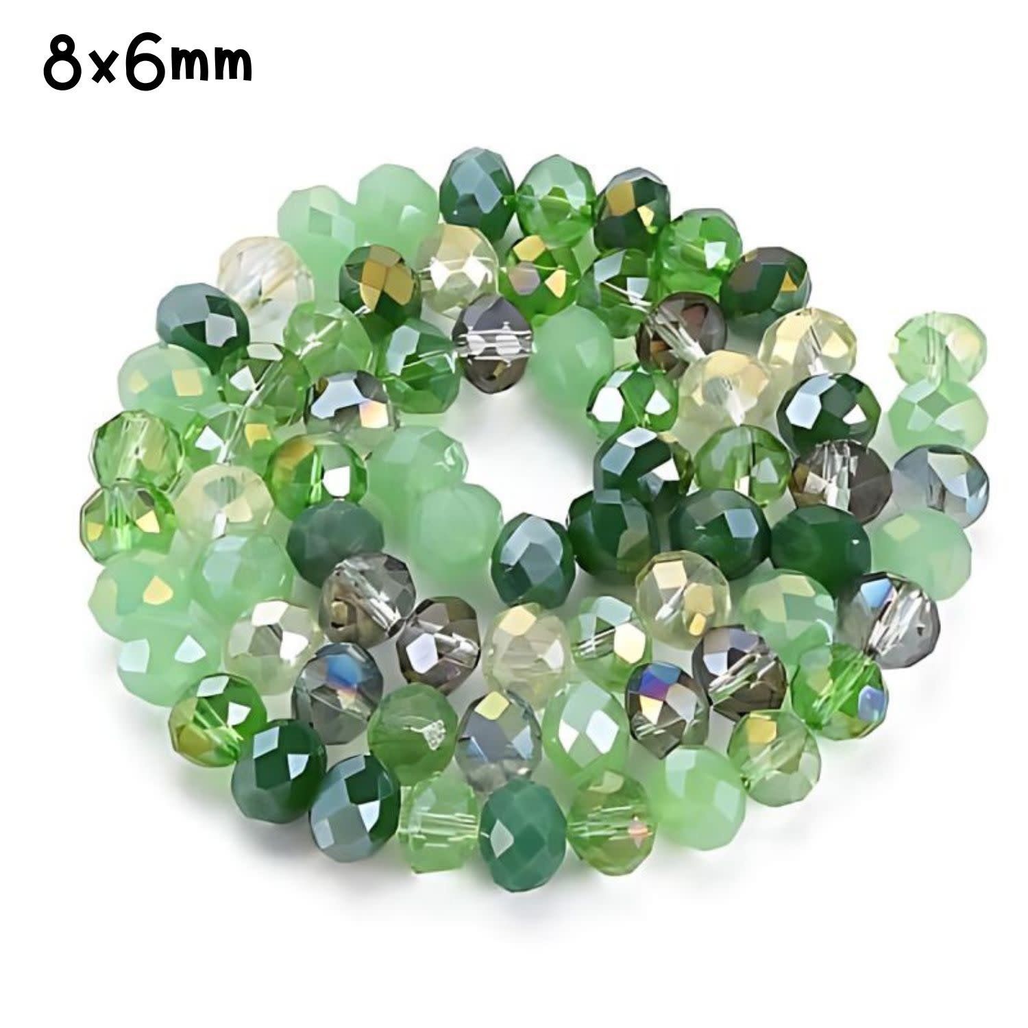 8x6mm Faceted Rondelles, Approx 65pcs, 16&quot; Strand, Mixed Green Tones Plated AB, Hole 1mm, Glass Beads, 29gms/1.02oz