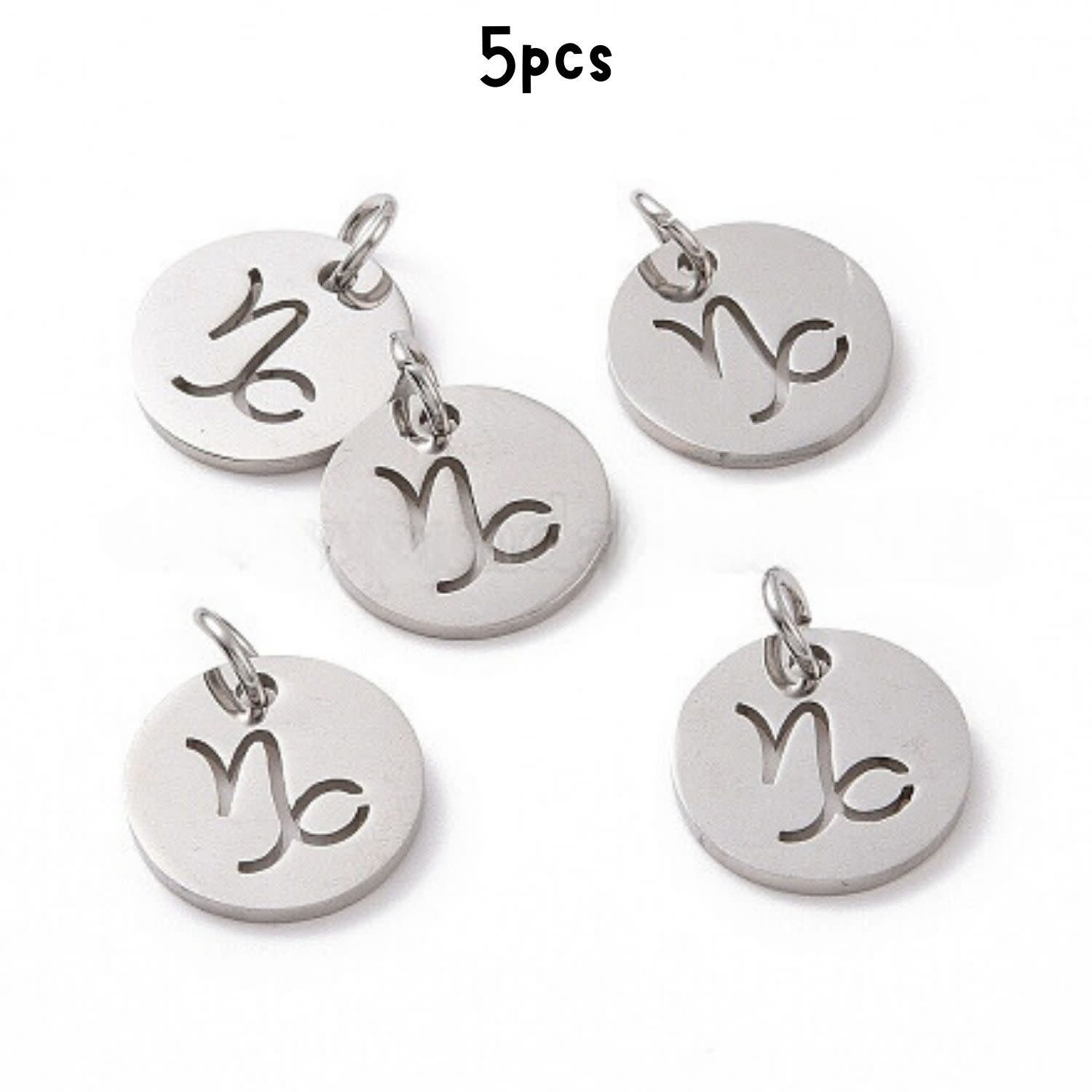 Capricorn Stainless Steel, 5pcs, 12x1mm, 5x0.8mm Jumprings, 2mm Hole, Zodiac Charms/Pendants, 5gms/0.18oz