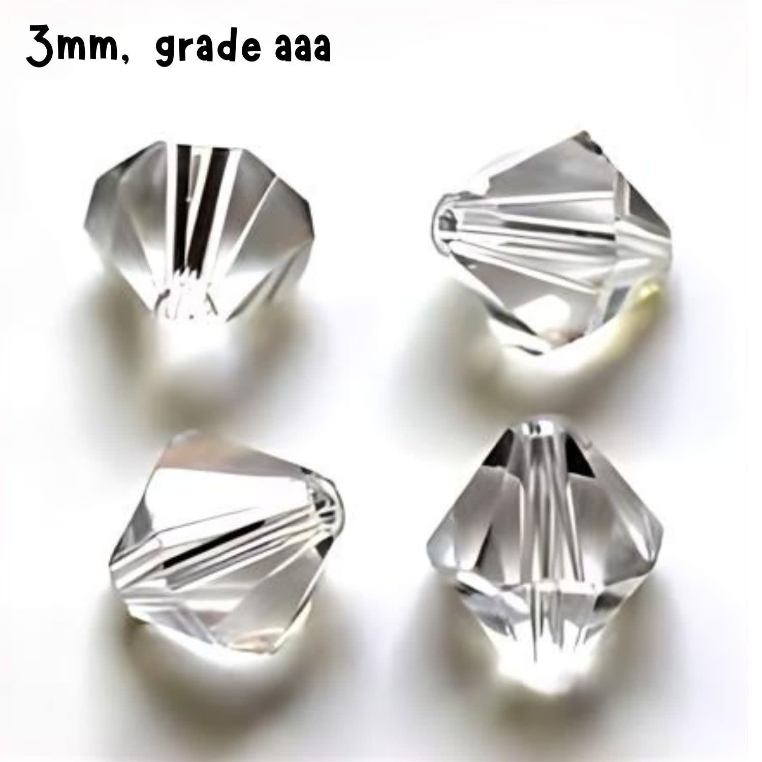 3mm Bicones, Crystal, Approx 100pcs, Hole 0.7mm, Grade AAA, Glass Beads, 3gms/0.11oz