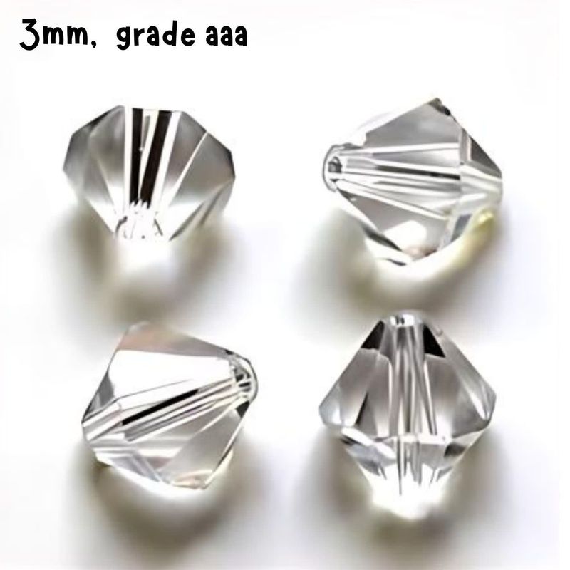 3mm Bicones, Crystal, Approx 100pcs, Hole 0.7mm, Grade AAA, Glass Beads, 3gms/0.11oz