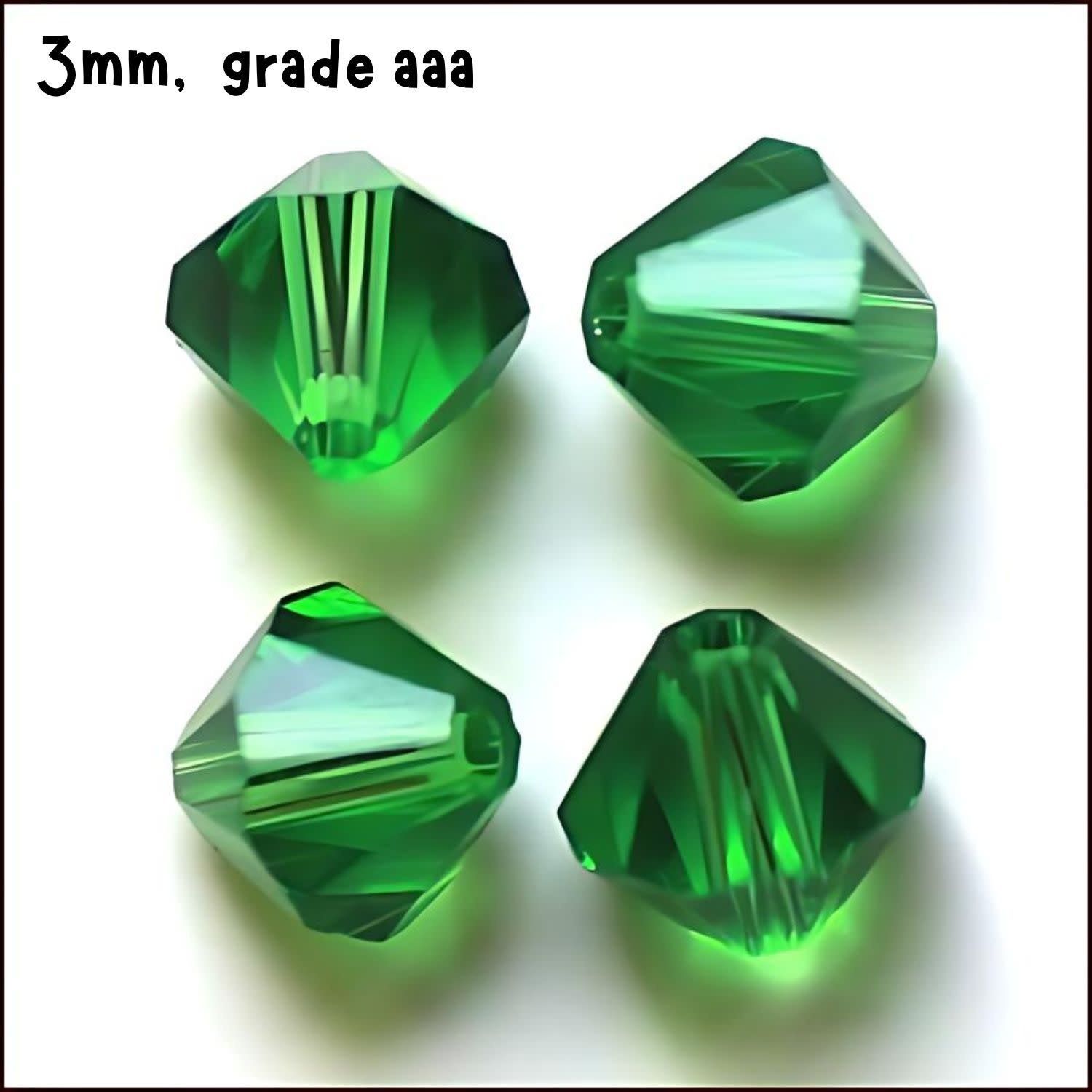 3mm Bicones, Green, Approx 100pcs, Hole 0.7mm, Grade AAA, Glass Beads, 3gms/0.11oz
