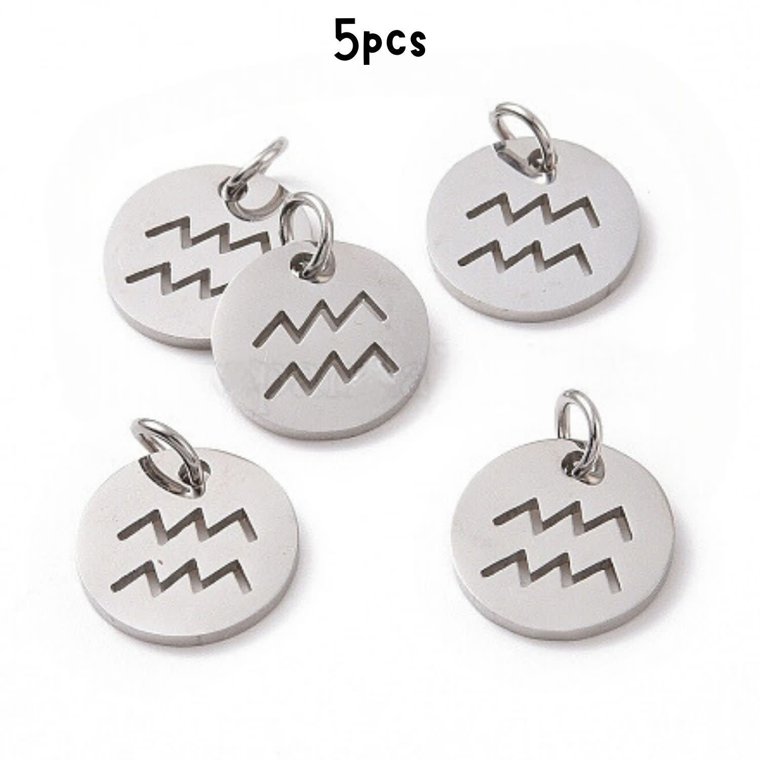 Aquarius  Stainless Steel, 5pcs, 12x1mm, 5x0.8mm Jumprings, 2mm Hole, Zodiac Charms/Pendants, 5gms/0.18oz