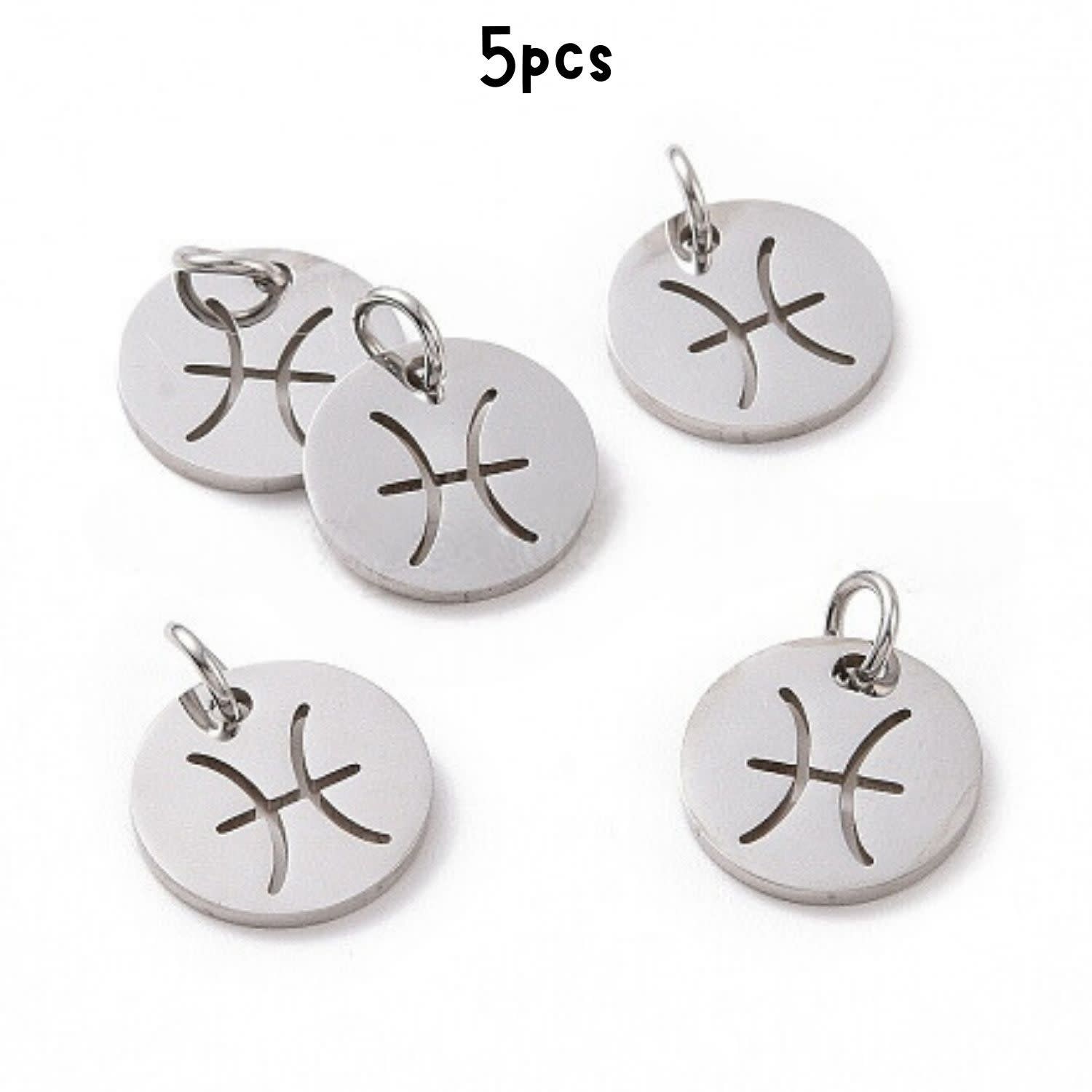 Pisces Stainless Steel, 5pcs, 12x1mm, 5x0.8mm Jumprings, 2mm Hole, Zodiac Charms/Pendants, 5gms/0.18oz