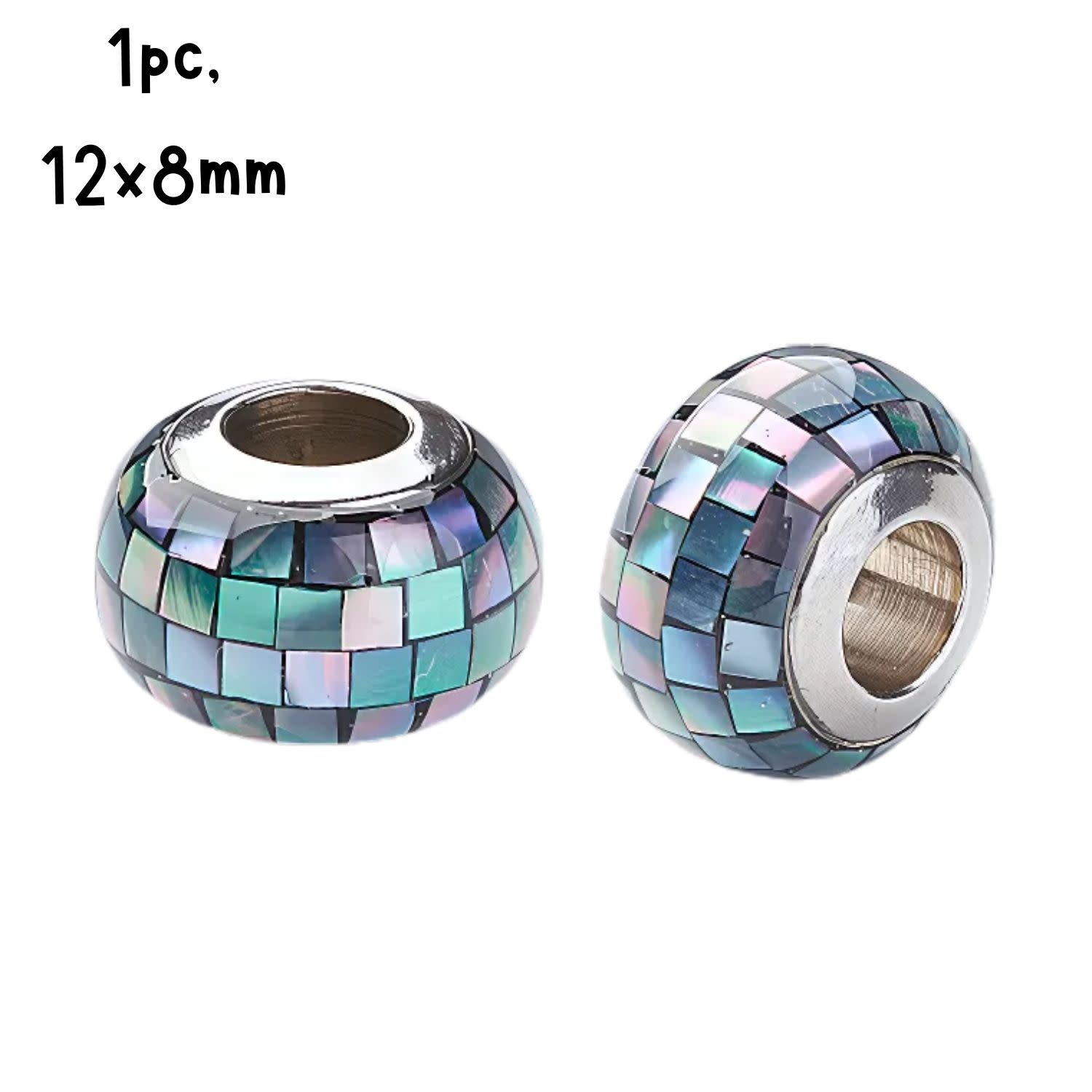 Stainless Steel Core Bead, 1pc, 12x8mm, Shell On Resin, Blue Ab, Hole 5mm, Fits Pandora And 5mm Cords, 2gms/0.07oz