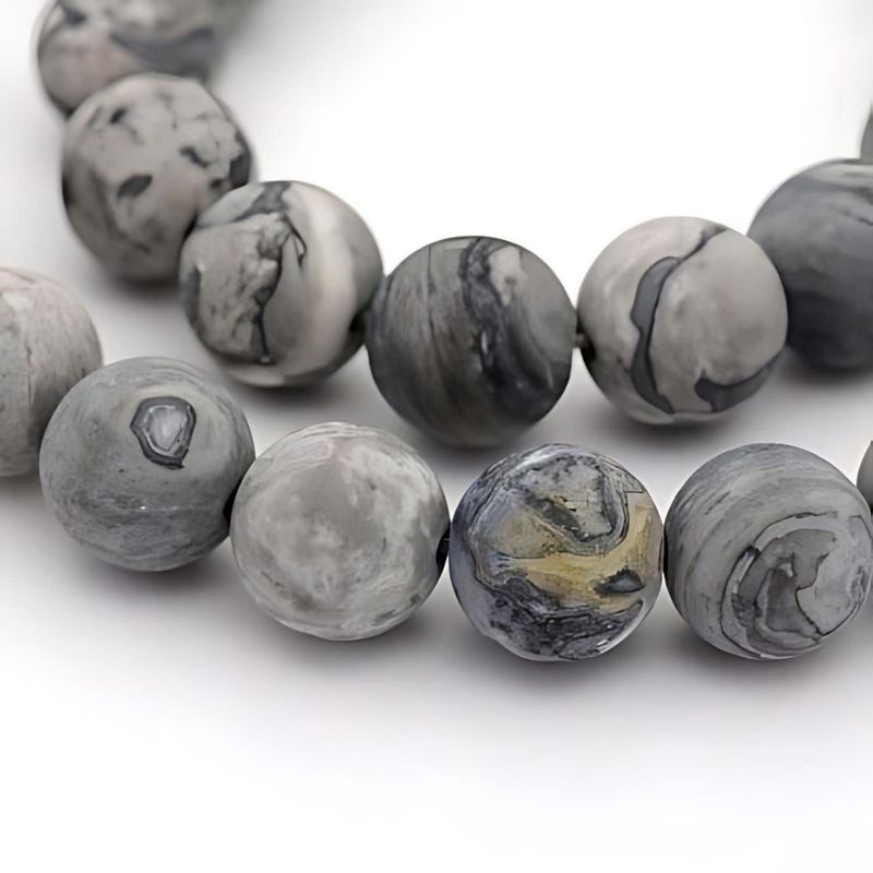 10mm Frosted Picasso Jasper,  7.5&#39;&#39; Strand, 19 Beads, Round, Natural, 1mm Hole, Grey/Black Tones, Gemstones, 1.23oz