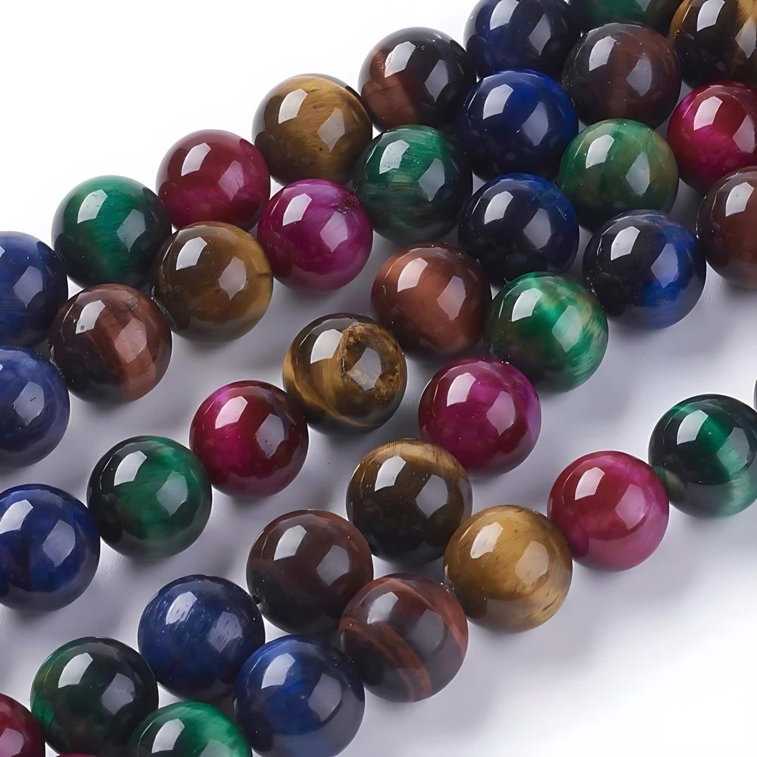 8mm Mixed Tiger Eye, 7.8&quot; Strand, 24 Beads, Round, Natural Dyed Heated, 1mm Hole, Gemstones, Green, Blue, Pink, Golden, 0.63oz